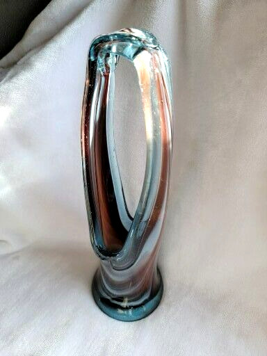 MCM Hand Blown Stretched Art Glass Basket Vase Brown White Murano Style Vintage