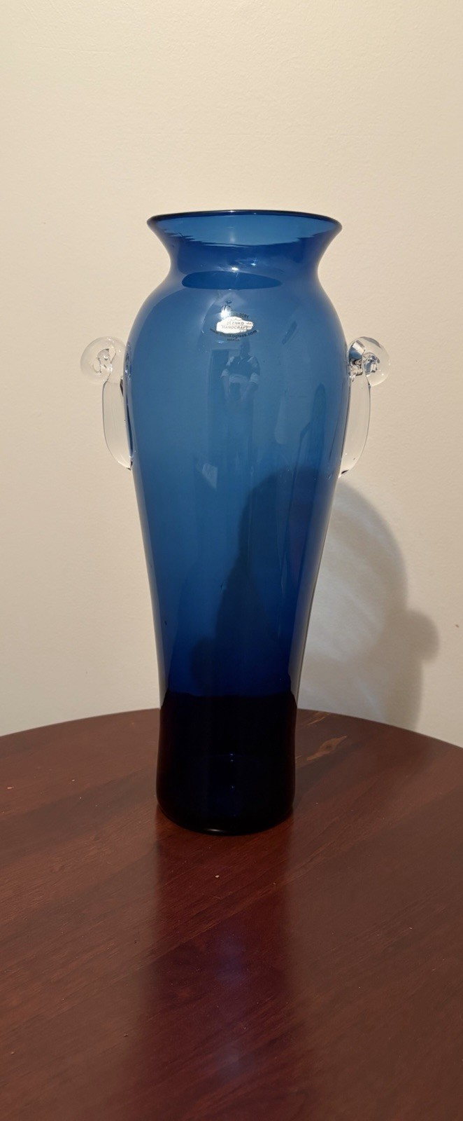 Tall Blenko Cobalt Blue Clear Handled Floor Vase