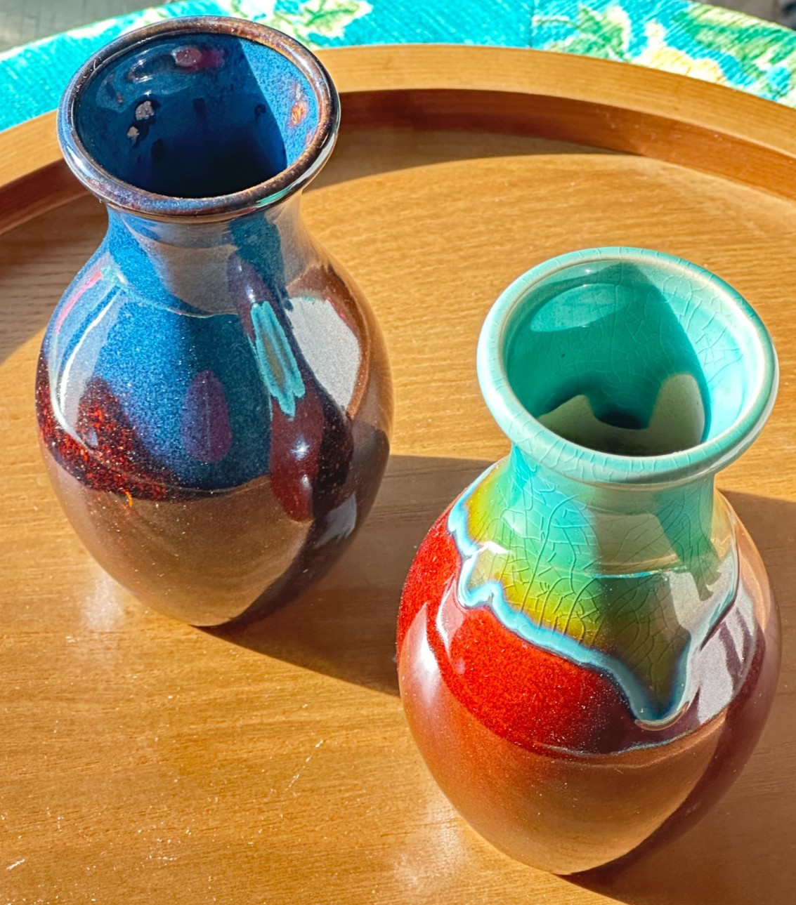 Set of 2 – Vintage Pottery Vase, Teal/Brown/Green Crackle & Blue/Brown 4.5″ Tall