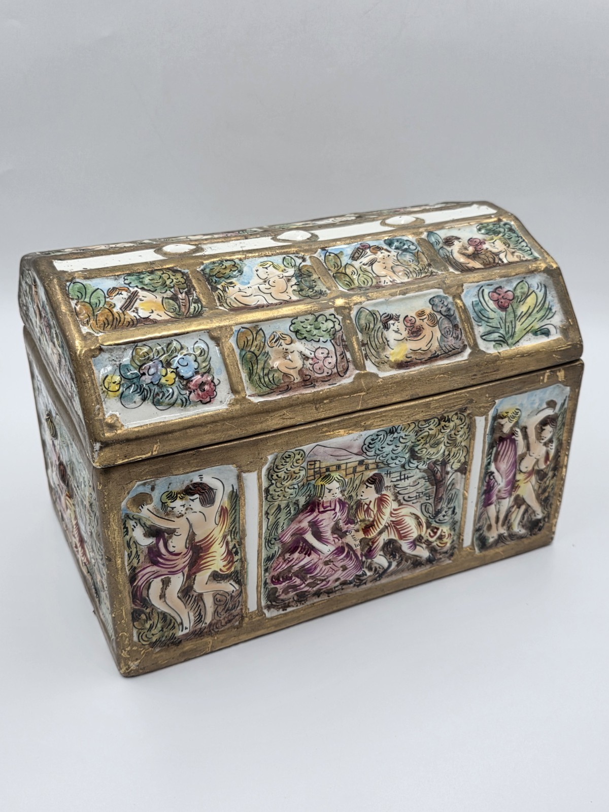 Rare Antique 19th C Large Capodimonte Gilded Porcelain Jewlery Box hand painted.
