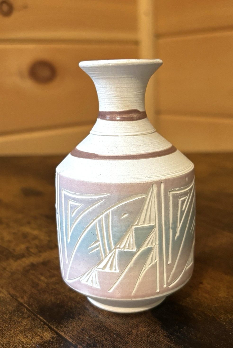 R. Gonza Signed Mexican Pottery Vase White Pastel Southwest Geometric Terracotta