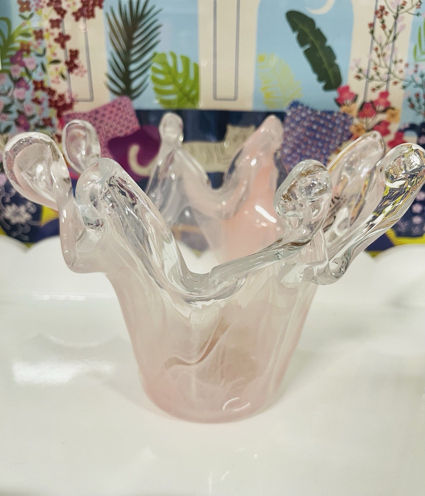 MURANO Hand BlownPink/Clear Art Glass Vase . Made In Italy .NEW VINTAGE