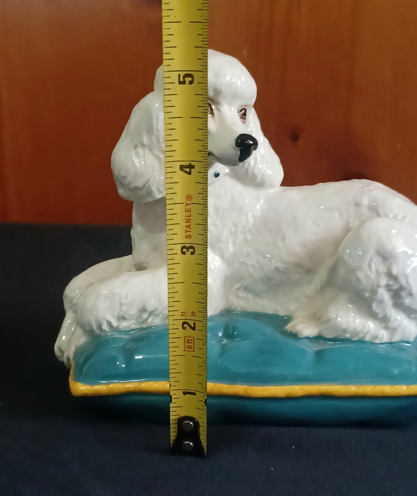 Vintage 1980s Royal Doulton Beswick White Poodle On Blue Cushion Dog Figurine
