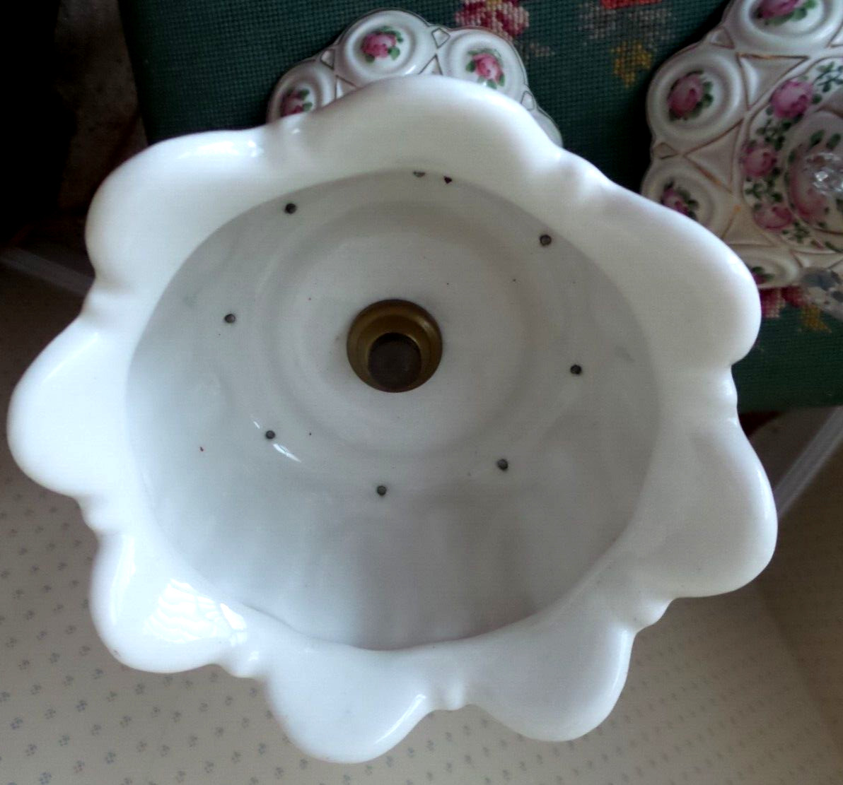 TWO VICTORIAN CERAMIC HANDPAINTED LUSTERS WITH CRYSTAL PRISMS