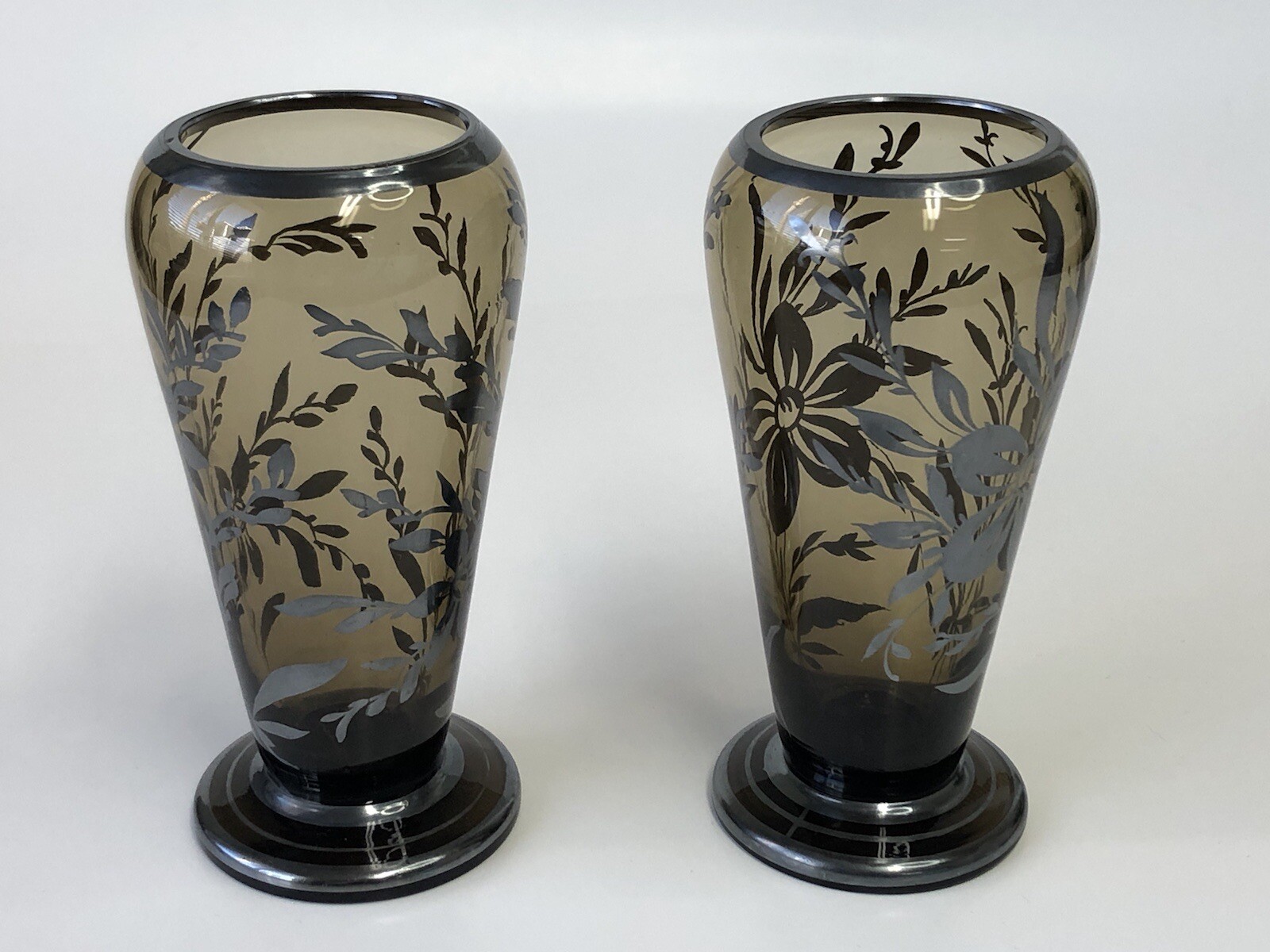Vintage Art Deco Brown Smoke Cupped Dahlia Glass Vase w Silver Overlay Set Of 2