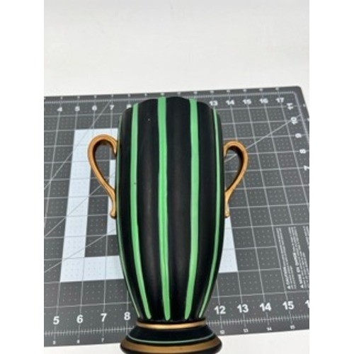 Brentleigh Ware Brummell Vase Art Deco Black Green Striped Gold Handles England