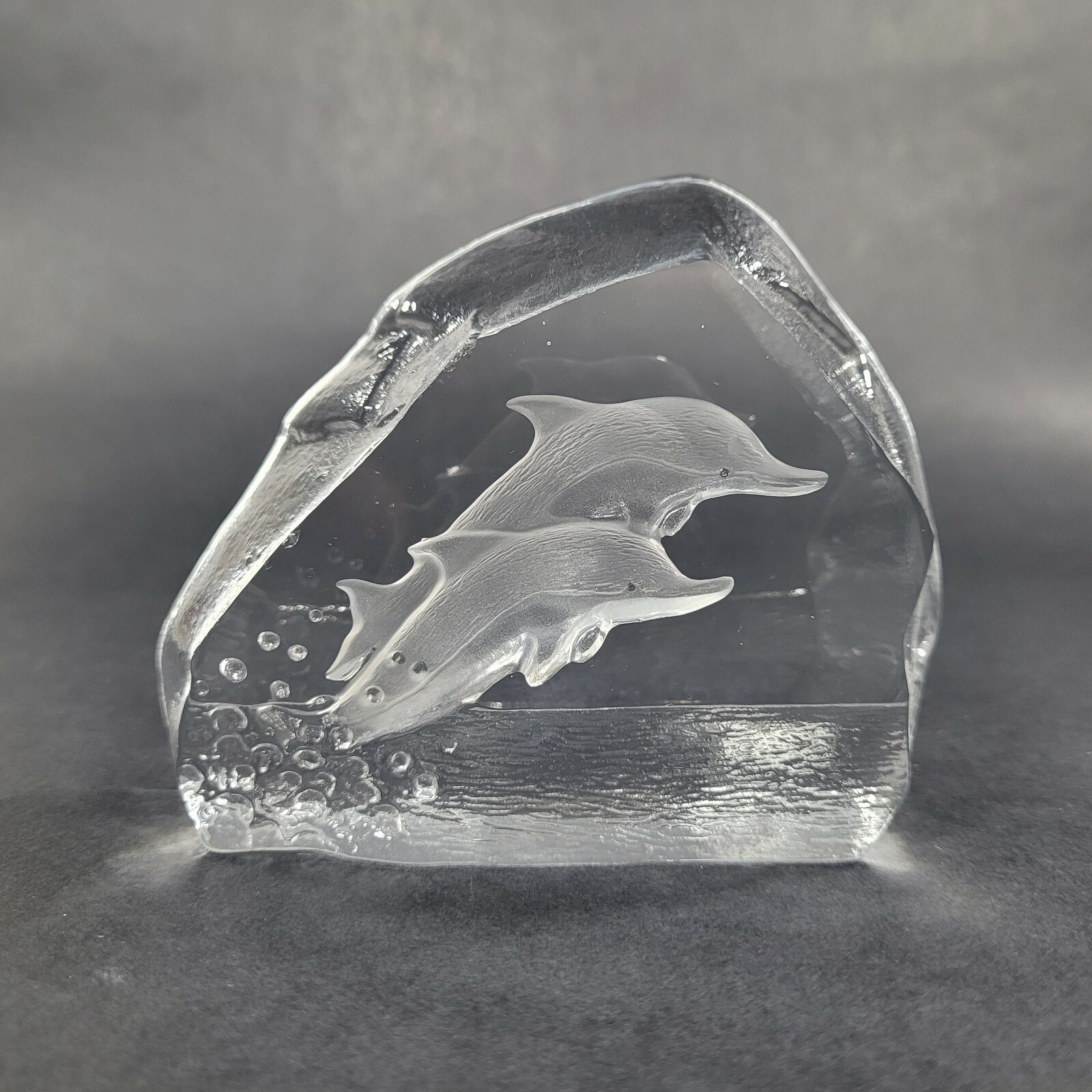 Nybro Crystal Dolphin Figurine Sweden Paul Isling Design Art Glass Block Vintage