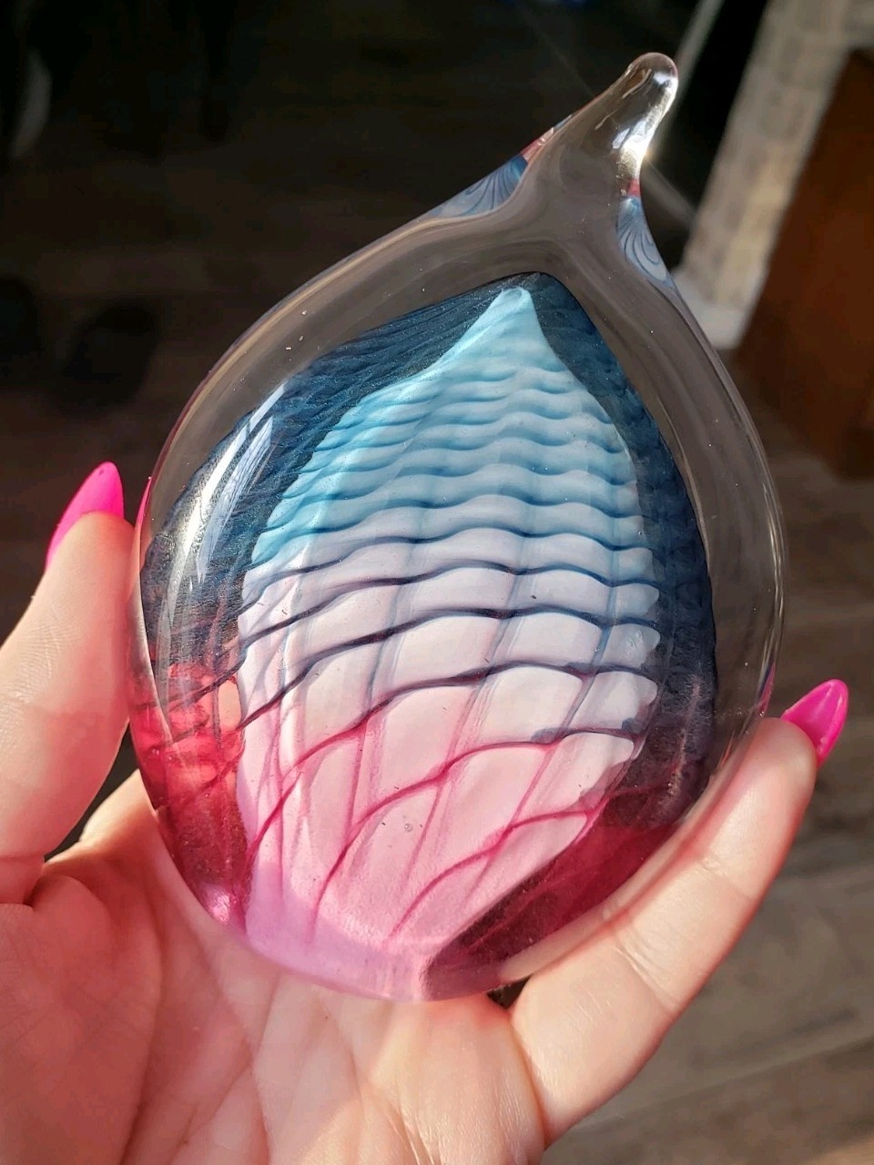 Art Glass Paperweight Tear Drop Flame 2004 Blue Pink Signed
