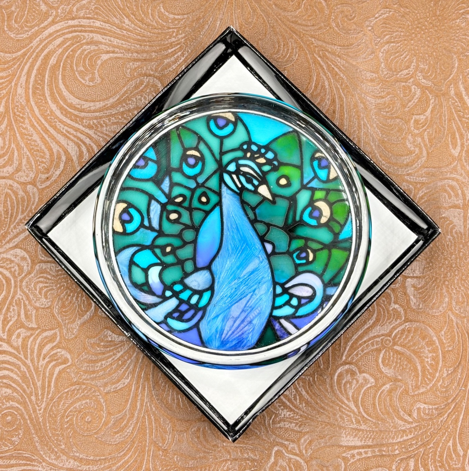 NOS Blue & Green Glass Peacock Paperweight ~ Hand painted ~ Joan Baker Designs