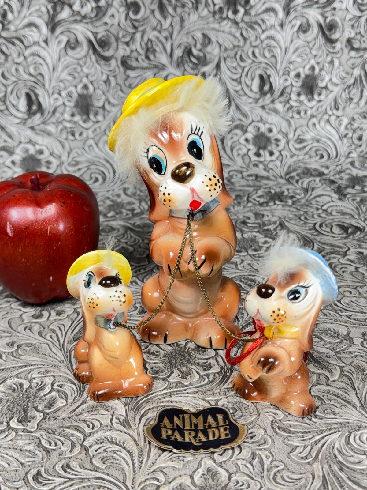 Vintage Mid Century Animal Parade Mama Dog & Puppies Leash MCM Lefton Figurines