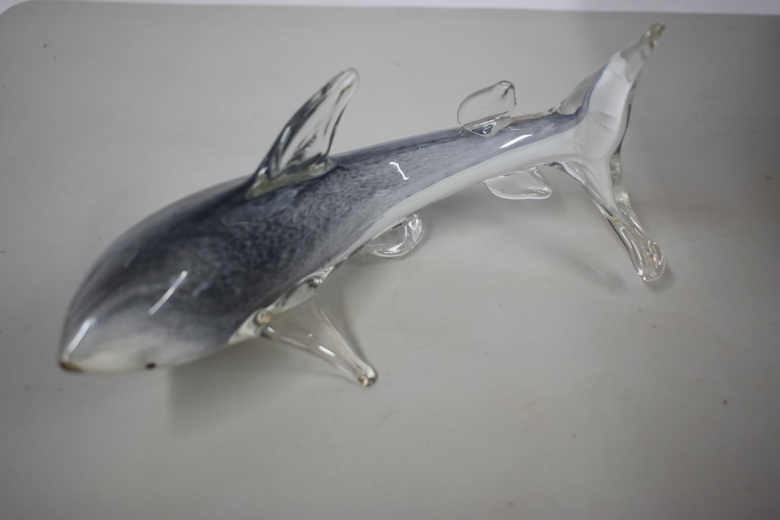 Murano Style Clear White & Gray Art Glass Shark Figurine Sculpture – Stunning!