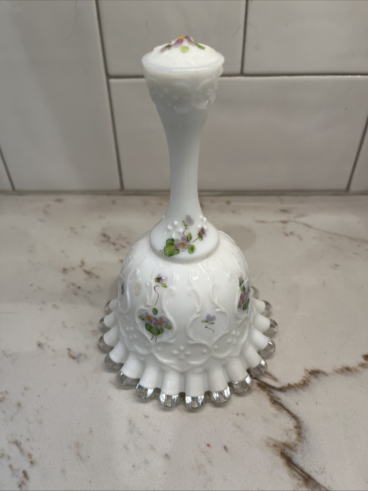 Fenton Glass Violets in Snow Spanish Lace Silver Crest Bell Signed by B. Vash