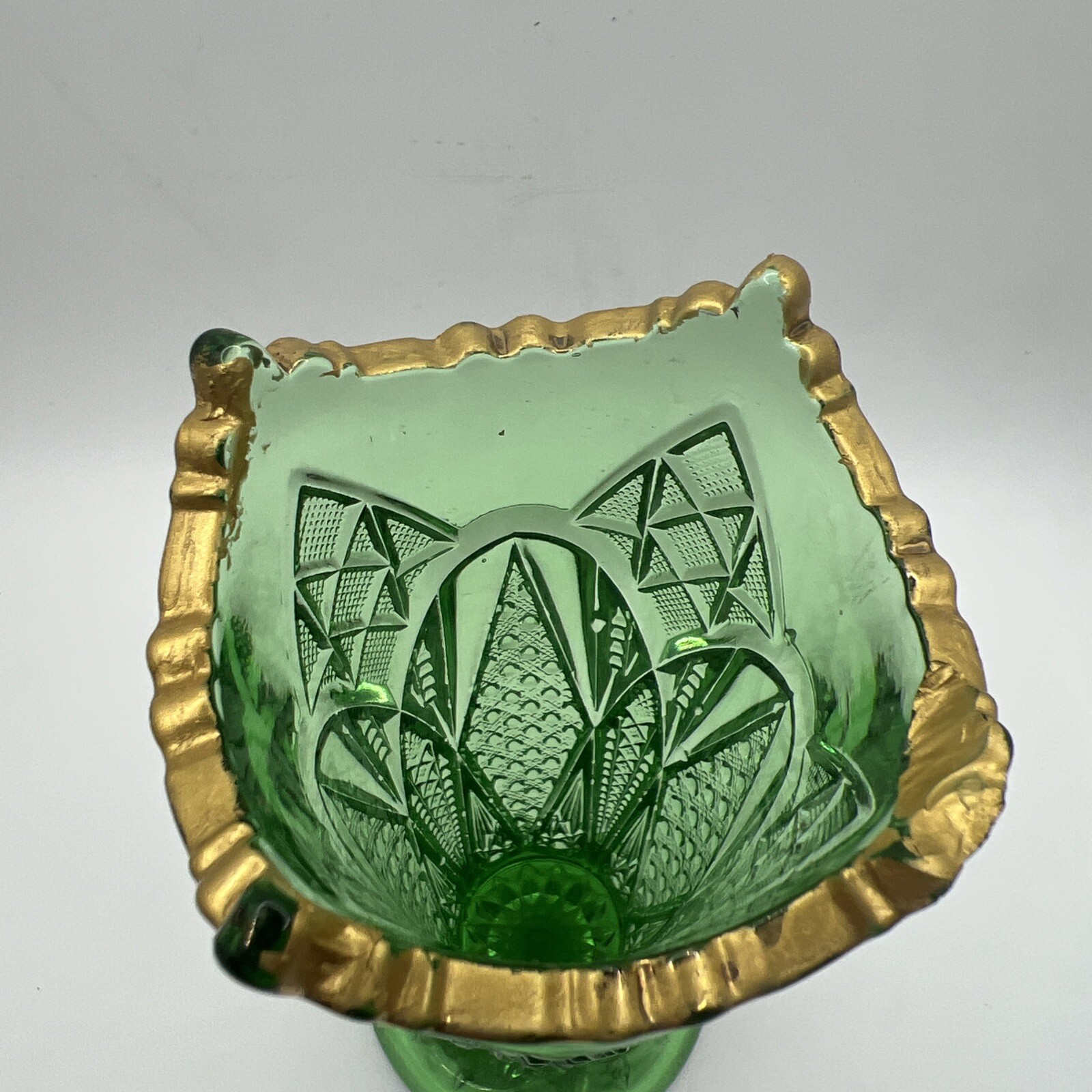 Vintage US Glass Co Vase Emerald Green Gold Trim 6” Tall. Weighs 15 Ounces.