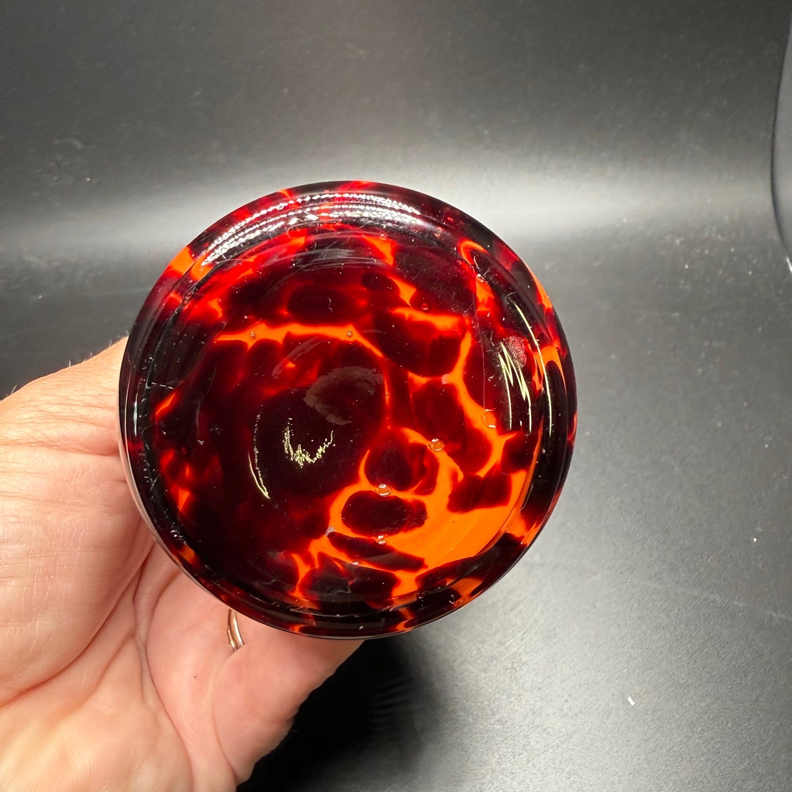 Vintage Red Orange Tortoiseshell Art Glass Bud Vase Metallic Rim 7.75 Inch MCM