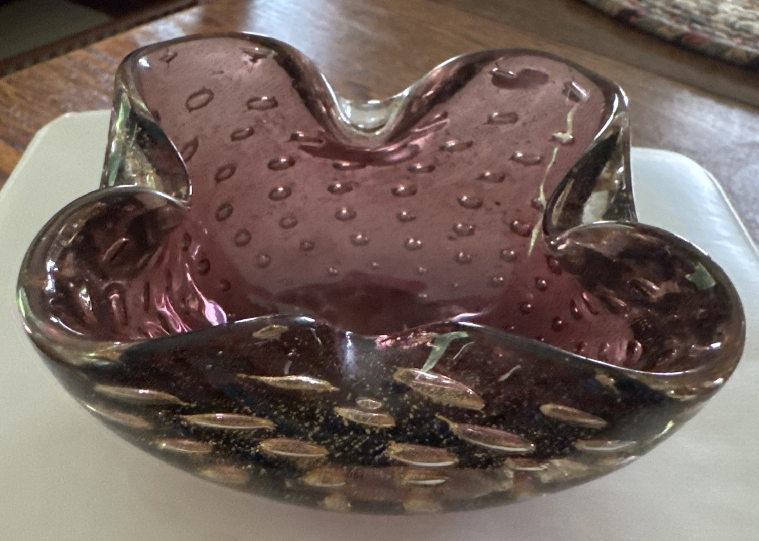 Vintage Murano Art Glass Bowl/Ashtray Purple with Gold Flecks, 3 1/4”