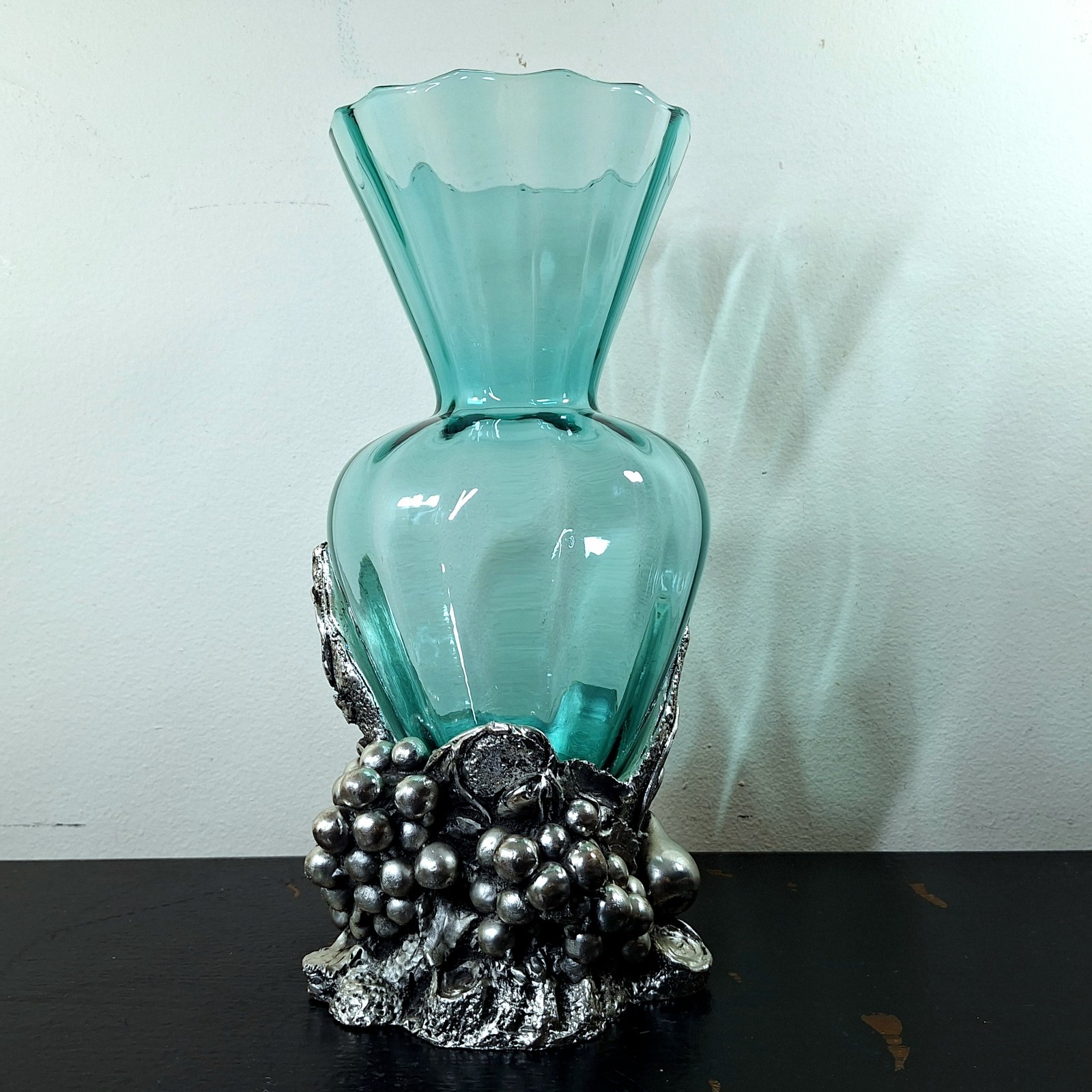 Large Signed MURANO Vase Teal Blown Glass w Sterling Silver Finished Base- Italy
