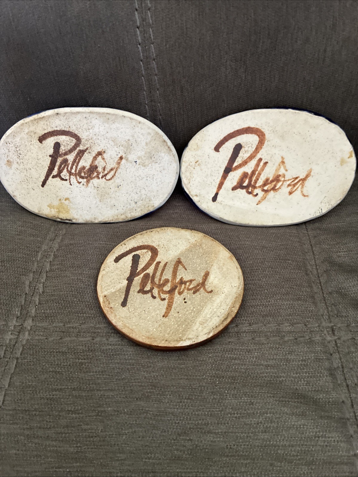 Vintage Set Of 3 Studio Pottery Trivet Coaster Signed Petteford Bird Motif Art