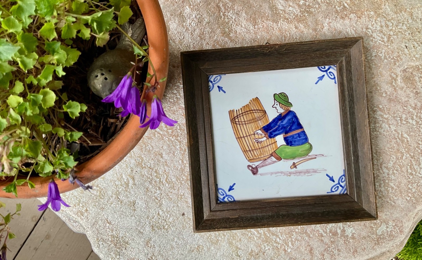 Vintage Framed Royal Delft Makkum Tichelaar Tile of Barrel Maker ~ Hand Painted