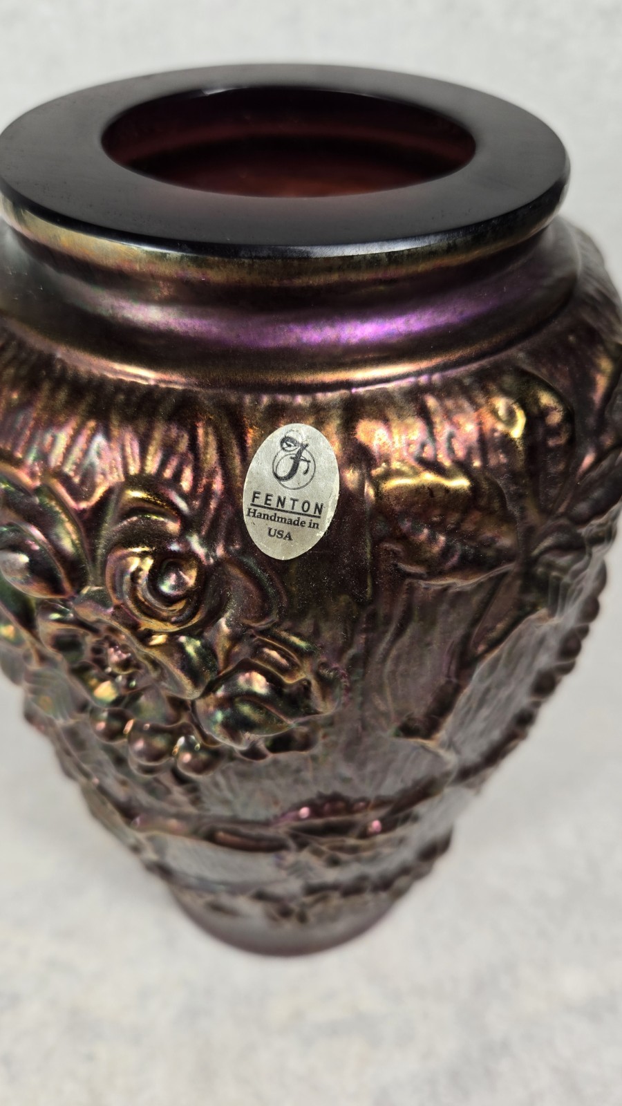 Fenton Peacock Garden Auburgine Marigold Carnival Glass Vase 10″ GORGEOUS