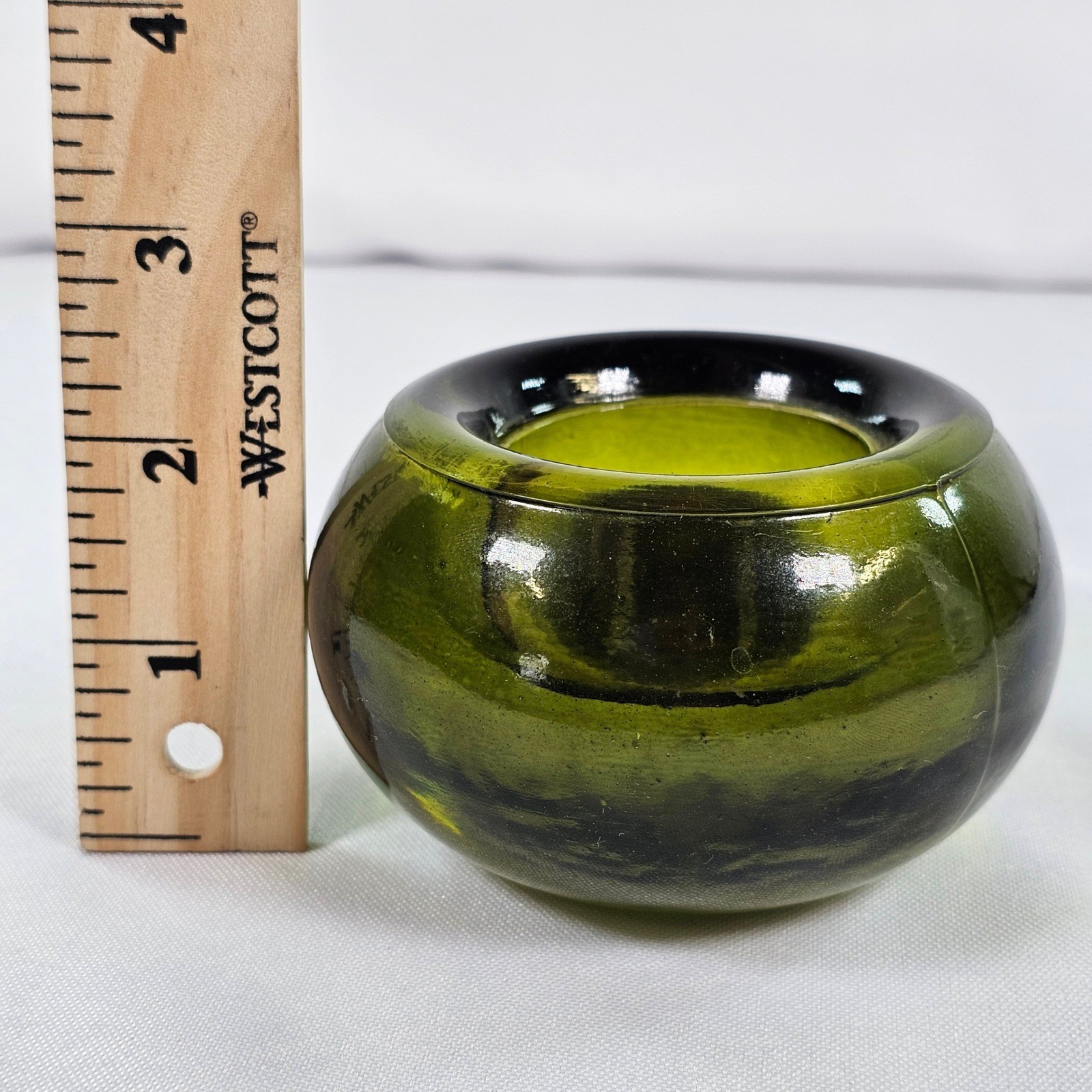 Vintage Olive Green Glass Inkwell Paperweight with Controlled Bubble Orb Stopper