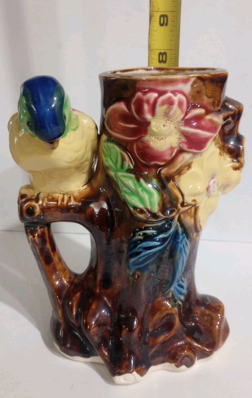 Vintage Figural Bird Flowering Tree Branch Large Majolica Pottery Vase – Japan