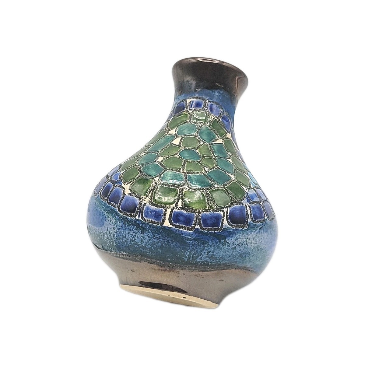 Eduardo Vega Pottery Blue Mosaic Pattern Green Flower Small Bud Vase Signed