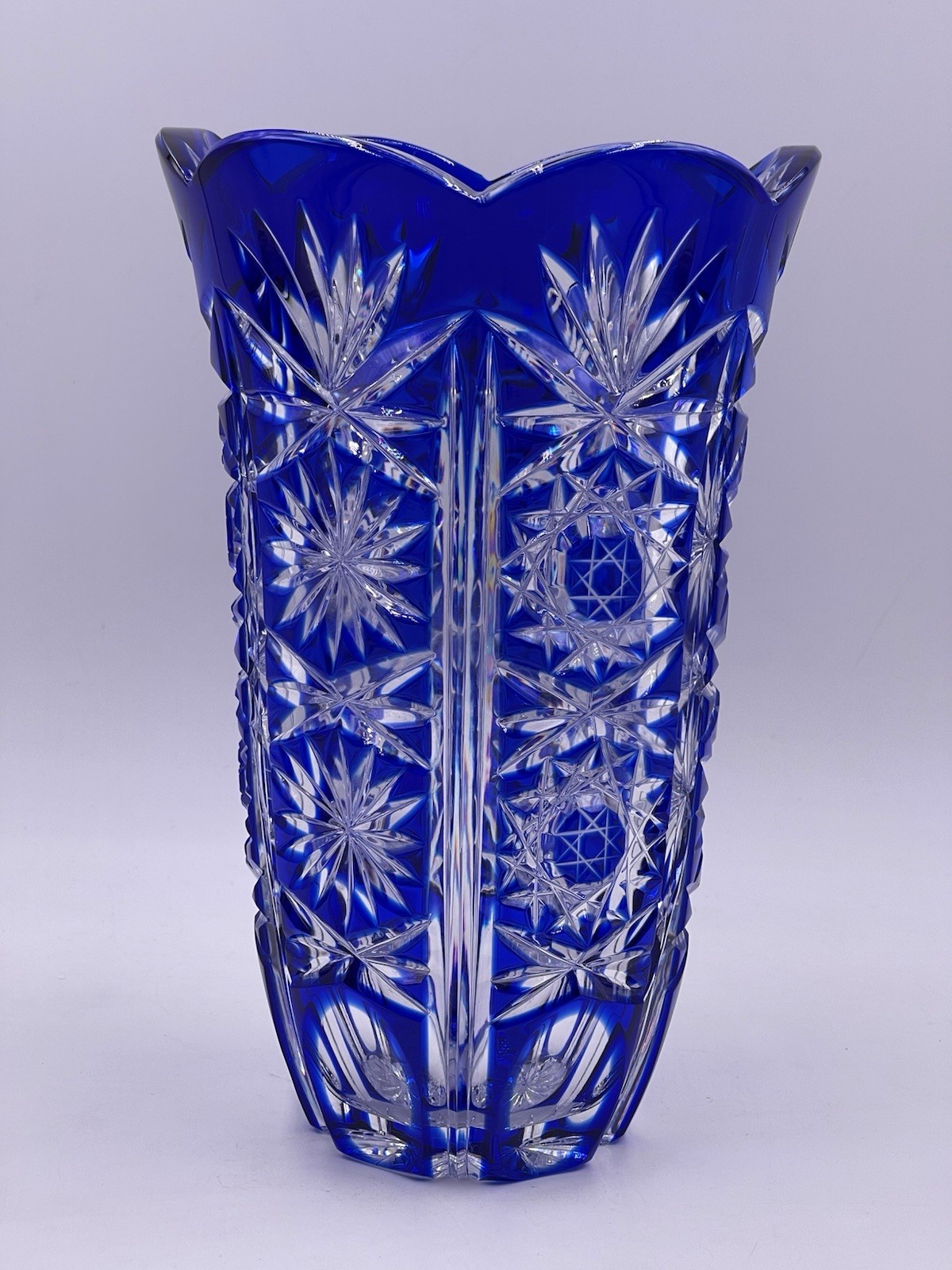 Bohemian Cobalt Cut to Clear Glass Vase Czech Blue Crystal Star Pattern 9”