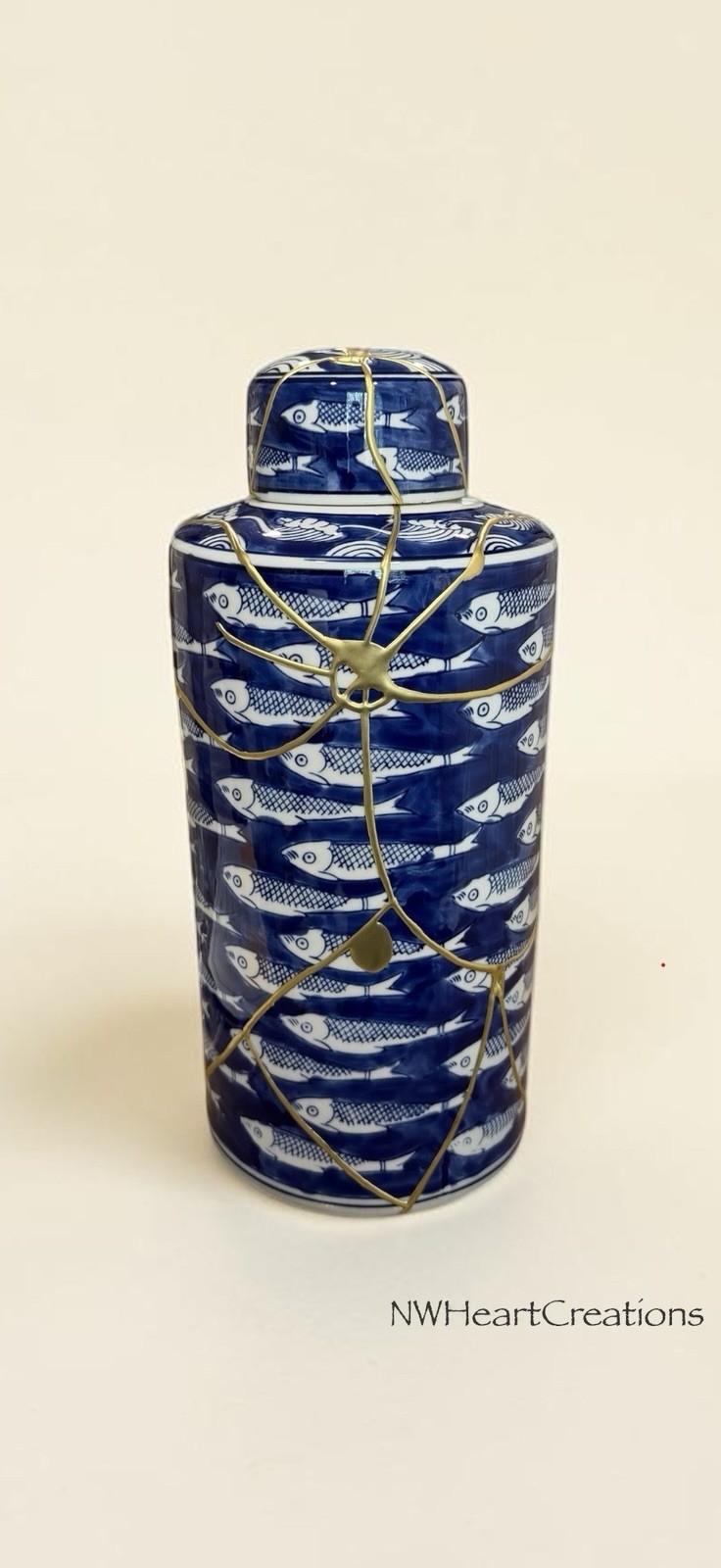 Kintsugi Chinoiserie Fish Ginger Jar Blue White Gold 14” Decorative Urn Ceramic