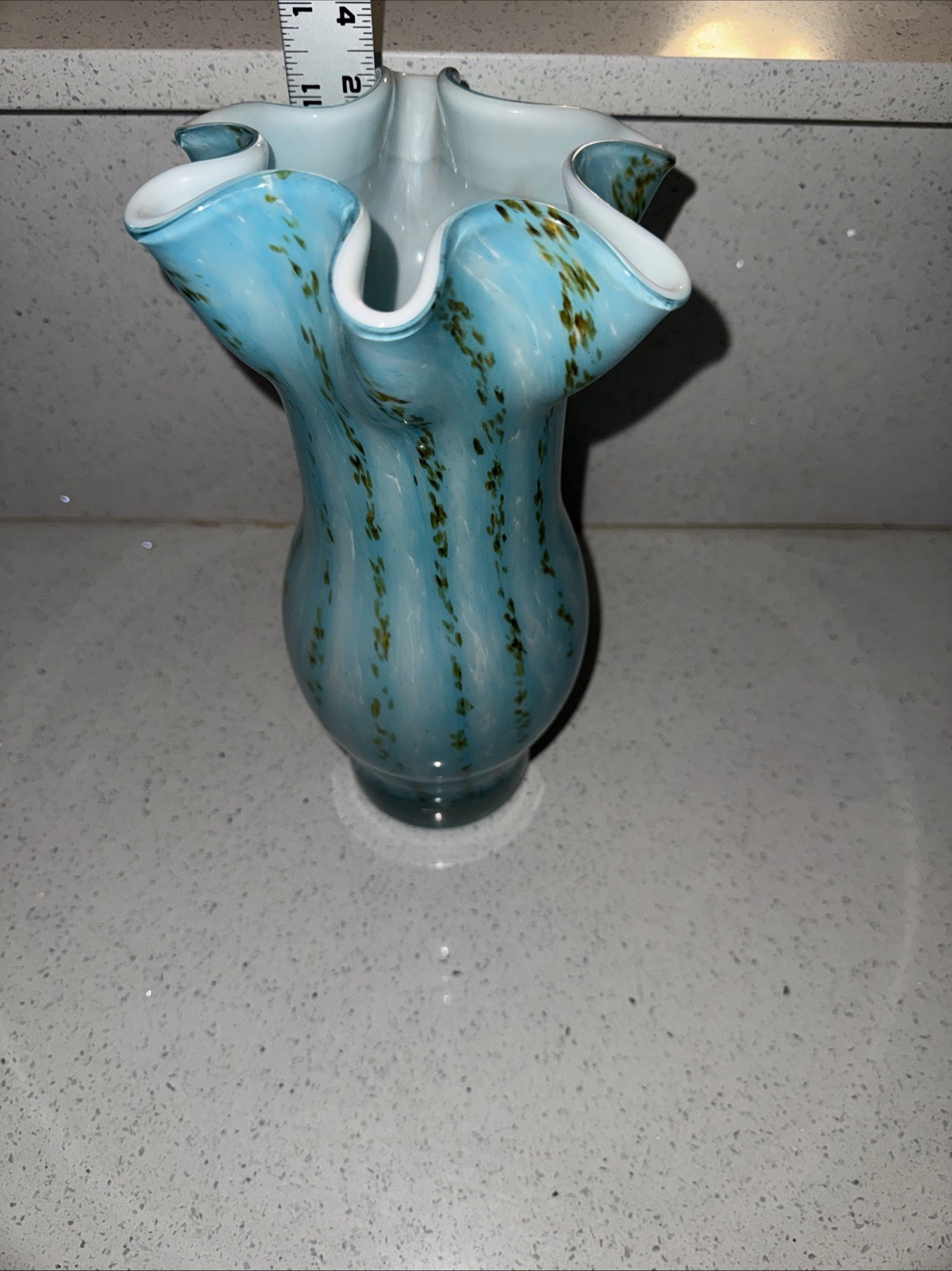 HQT Hand Made Home Design Blue White Swirl Art Glass Flared Ruffle Vase 11”
