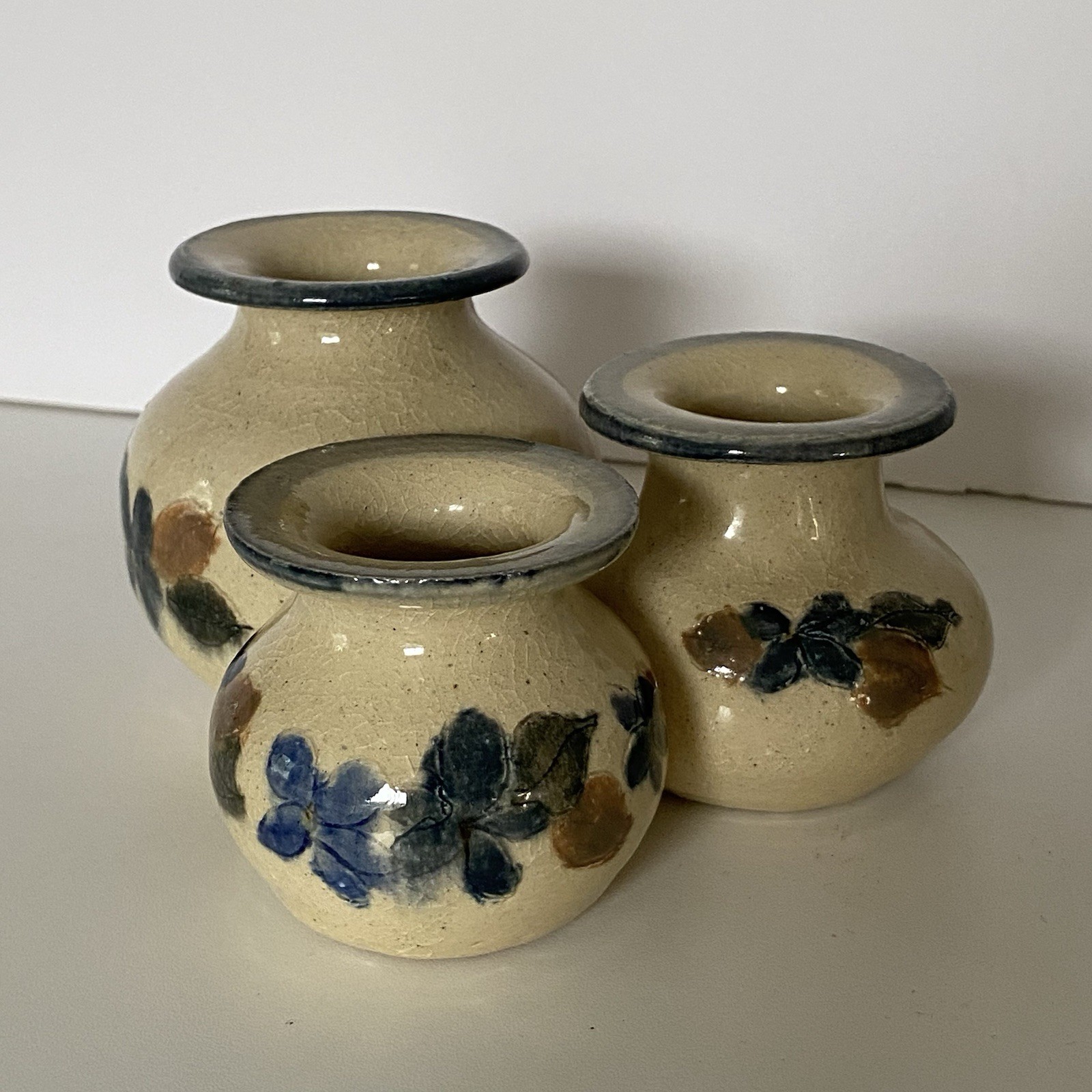 Handmade Art Pottery Small Bud Vase 3 Attached Beige Blue Flowers 3” Signed EUC