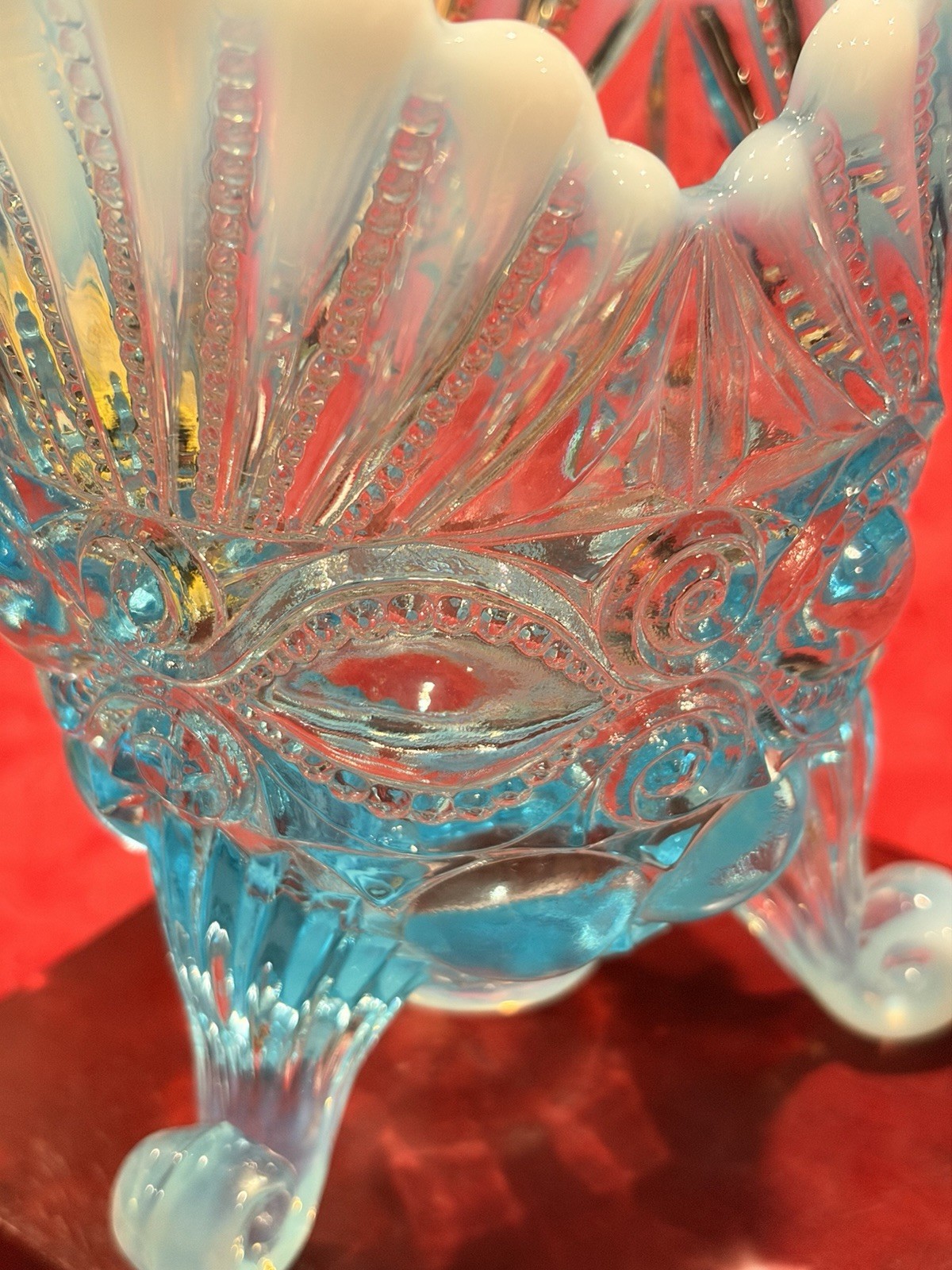 Vintage Mosser Blue Opalescent Eyewinker Spooner Glass Vase Ex Con Signed 6”