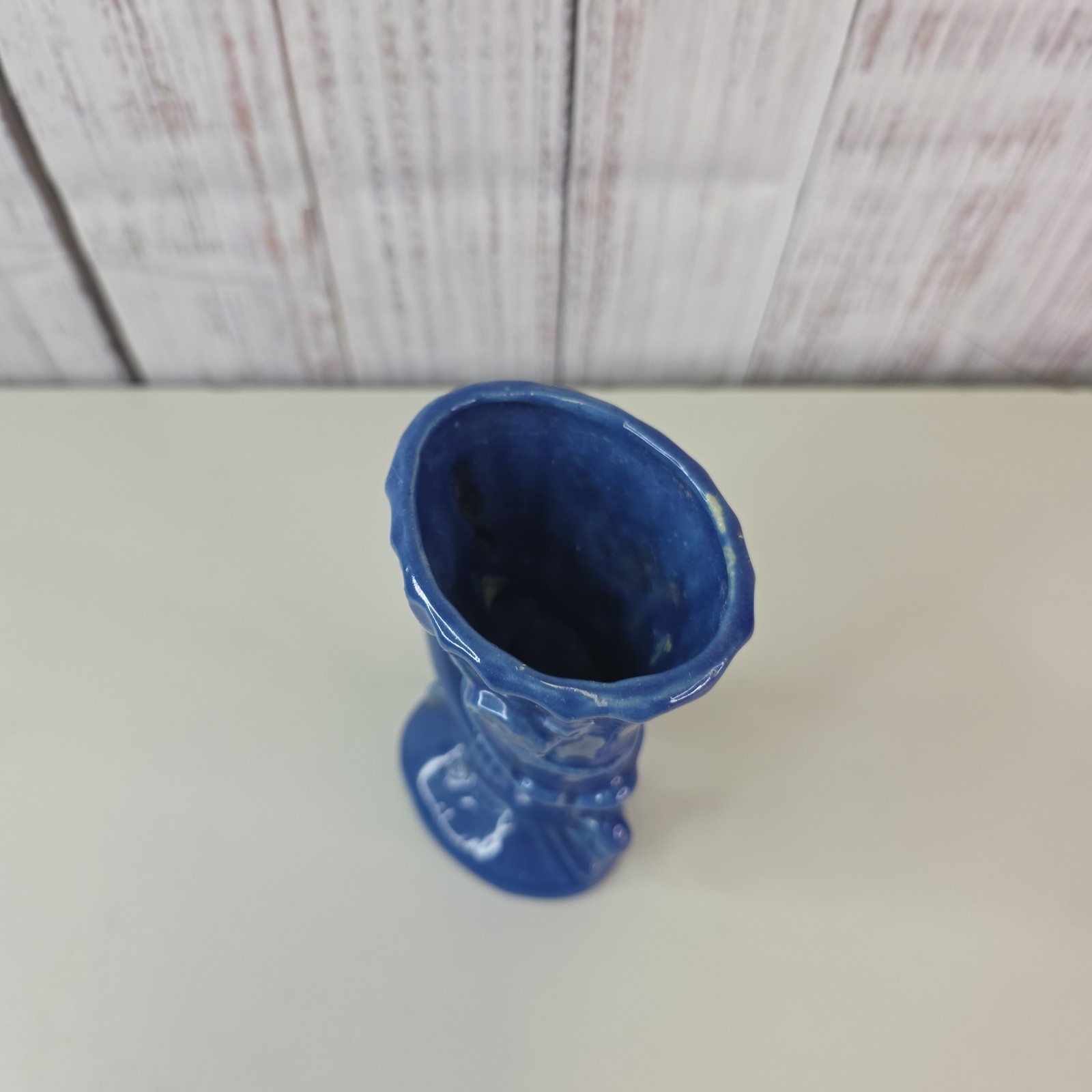 Art Pottery Cornucopia Vase Blue Ceramic Vintage Signed Taylor December 21 1941