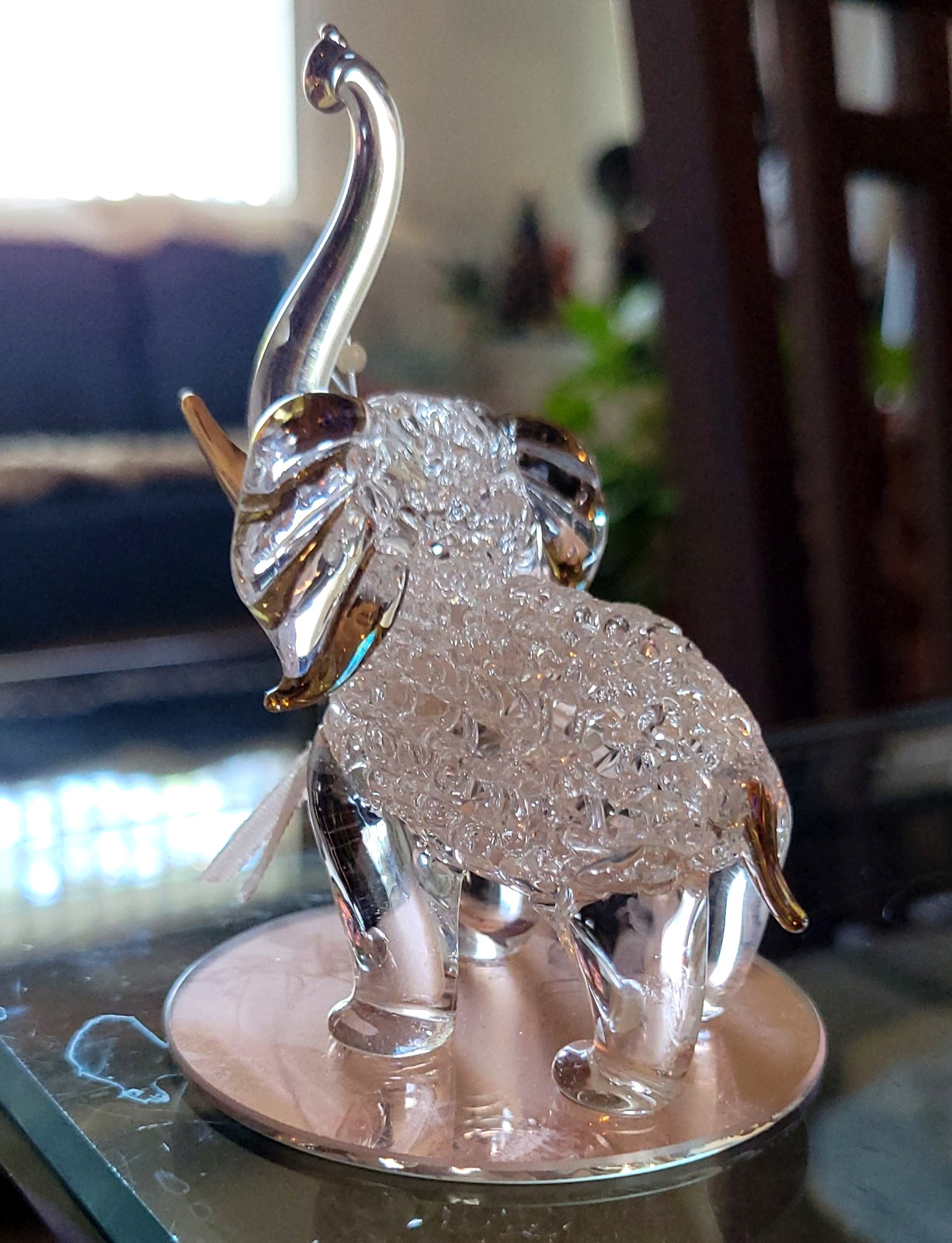 Elephant Handblown Glass Trunk Up Wearing Flower Viollet Base Statue vtg