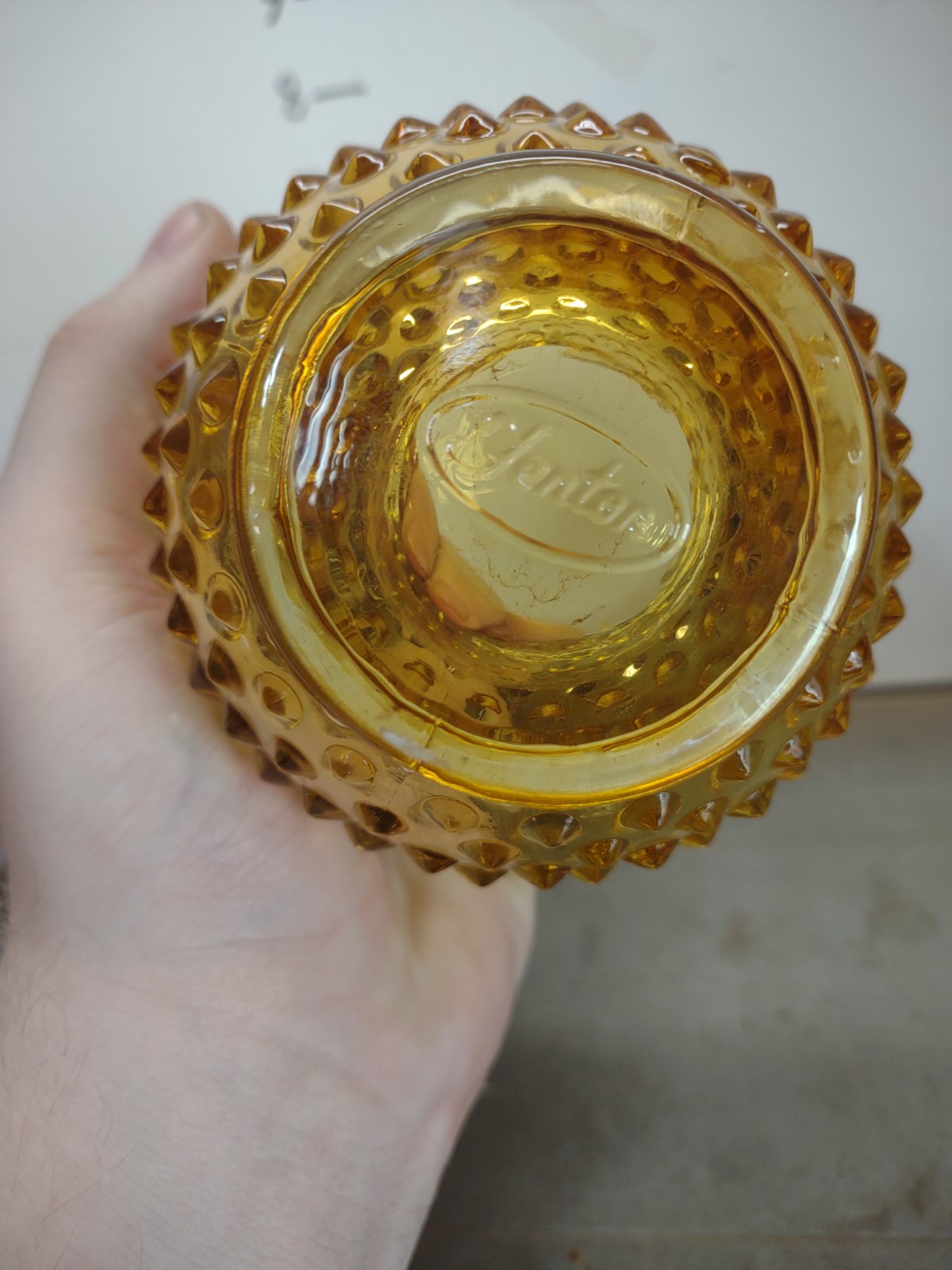 Vintage Fenton Amber Hobnail Rose Bowl Ruffled Edge Laced Edge 4″