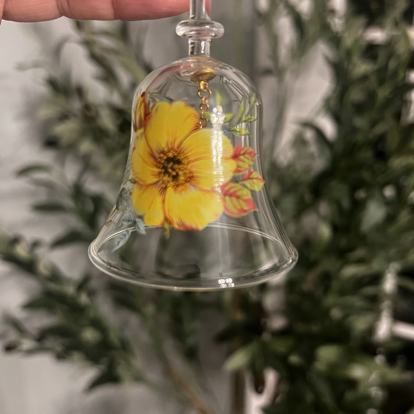 Clear Glass Bell with Yellow Poppy Flower Hand Painted 4.5″ Tall