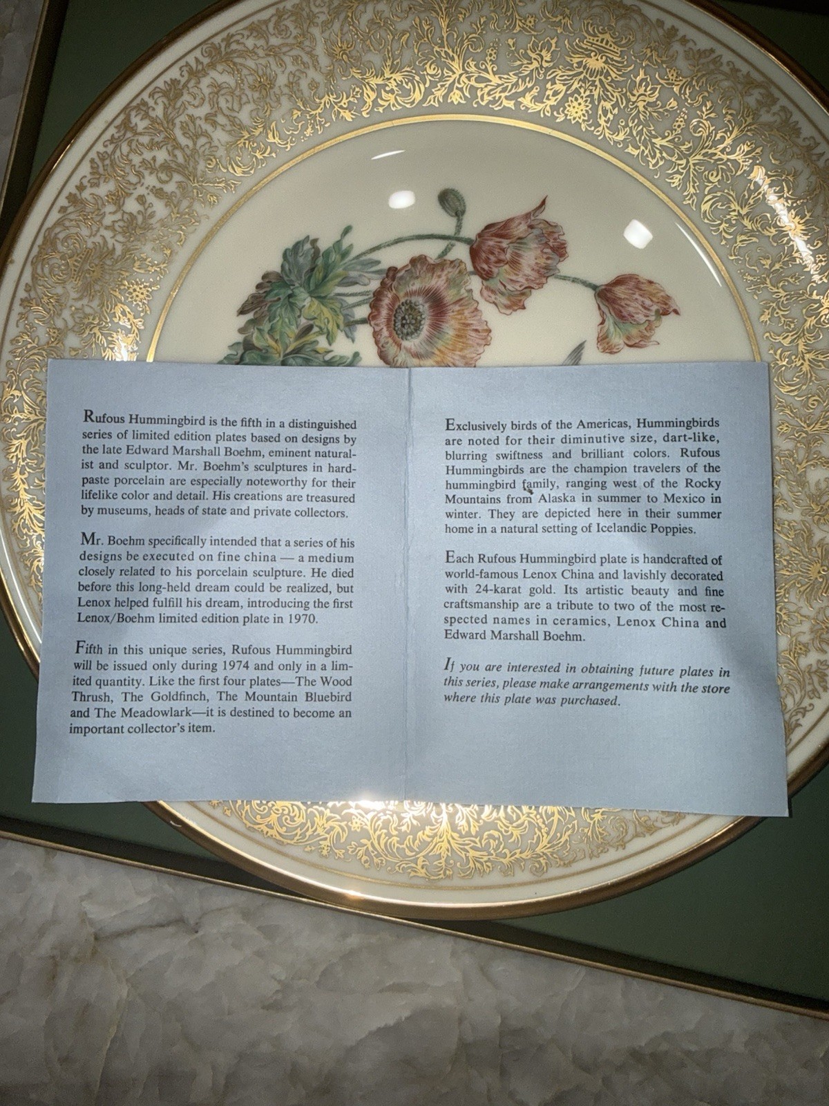 Lenox Boehm Birds Limited Edition 24K Gold complete set of 8 Plates 1974