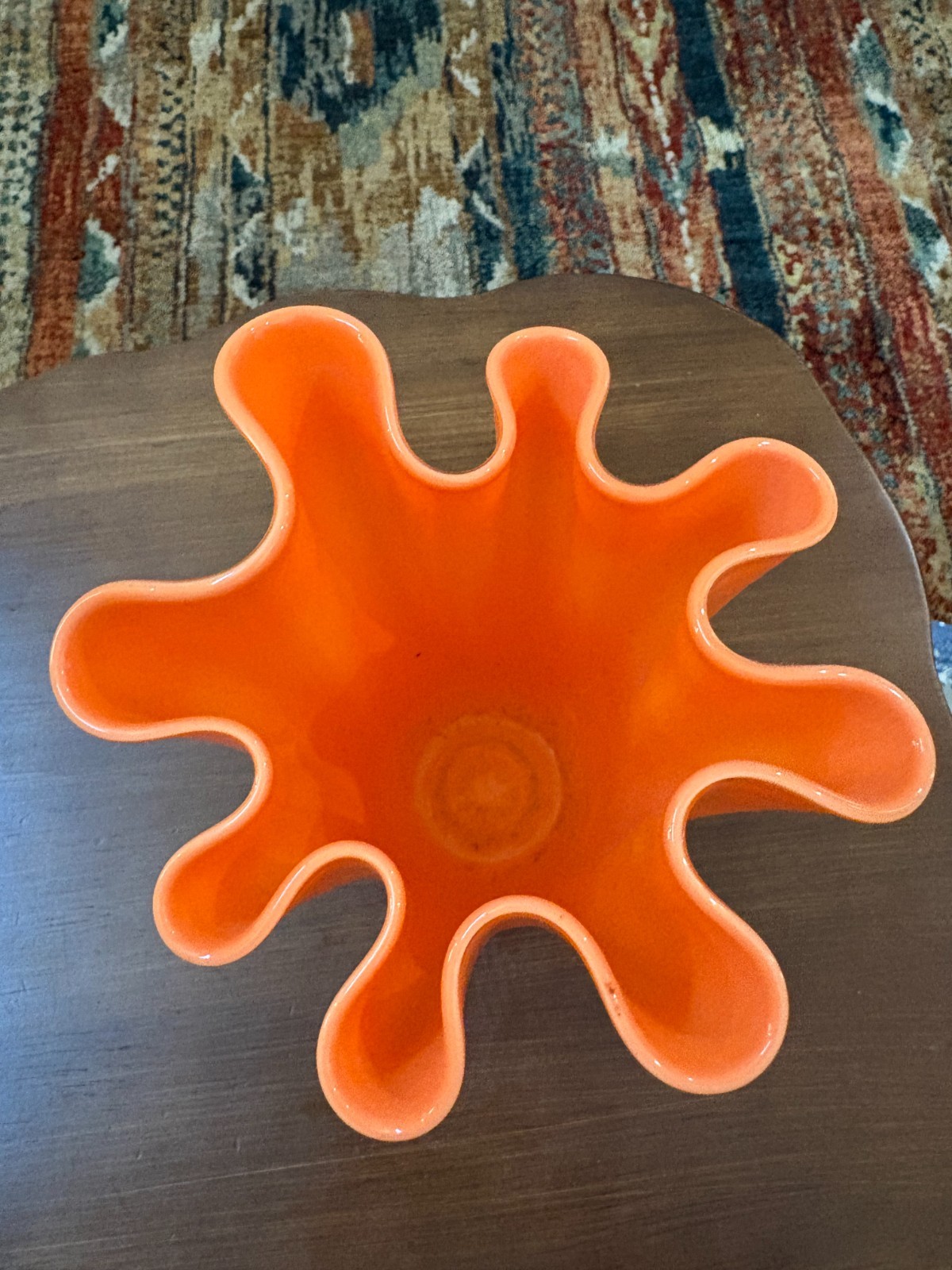 Murano Italy Style Blown Art Glass Vase Orange Peach Ruffled Handkerchief