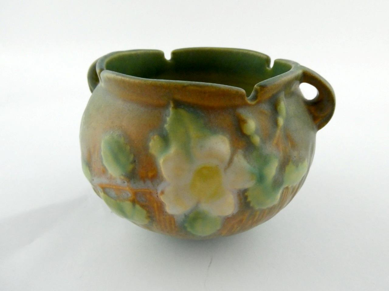 Roseville WHITE ROSE Brown Terra Cotta and Green 3.25 Inch Height Jardiniere VGC