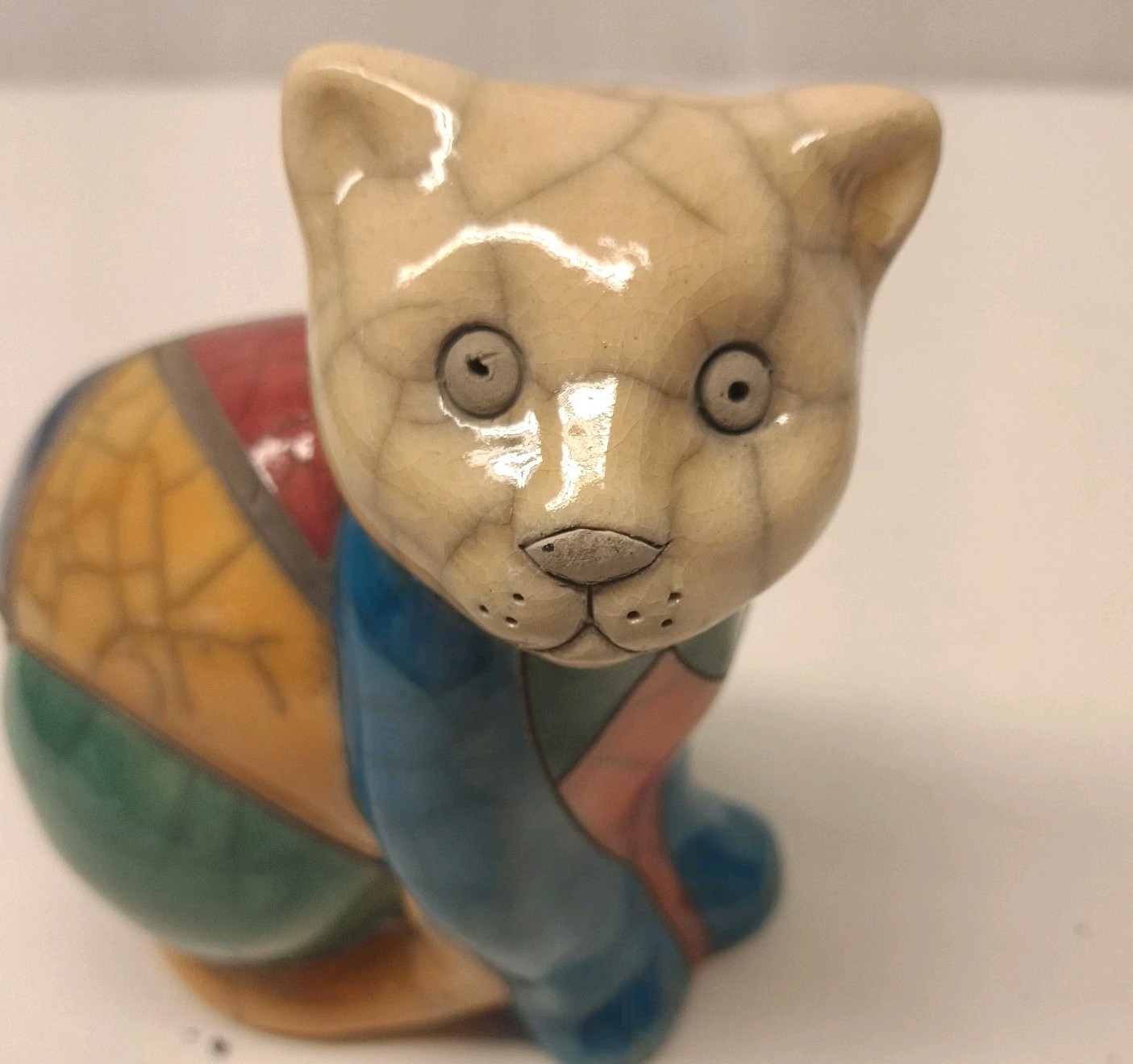 Vintage Fenix South African Raku Pottery Cat Figurine Patchwork Ceramic Art 5.5″