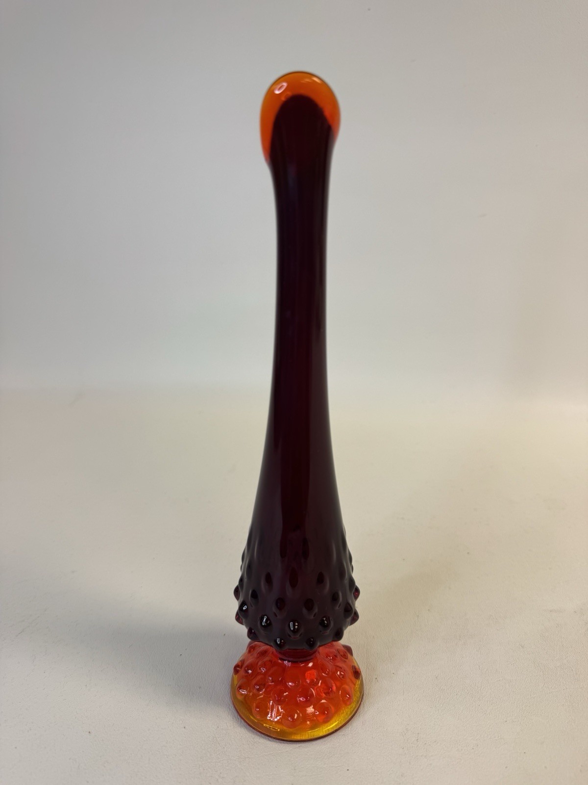 Vintage 70s FENTON 10″ Glowy Amberina Red & Yellow Hobnail Print Swung Bud Vase