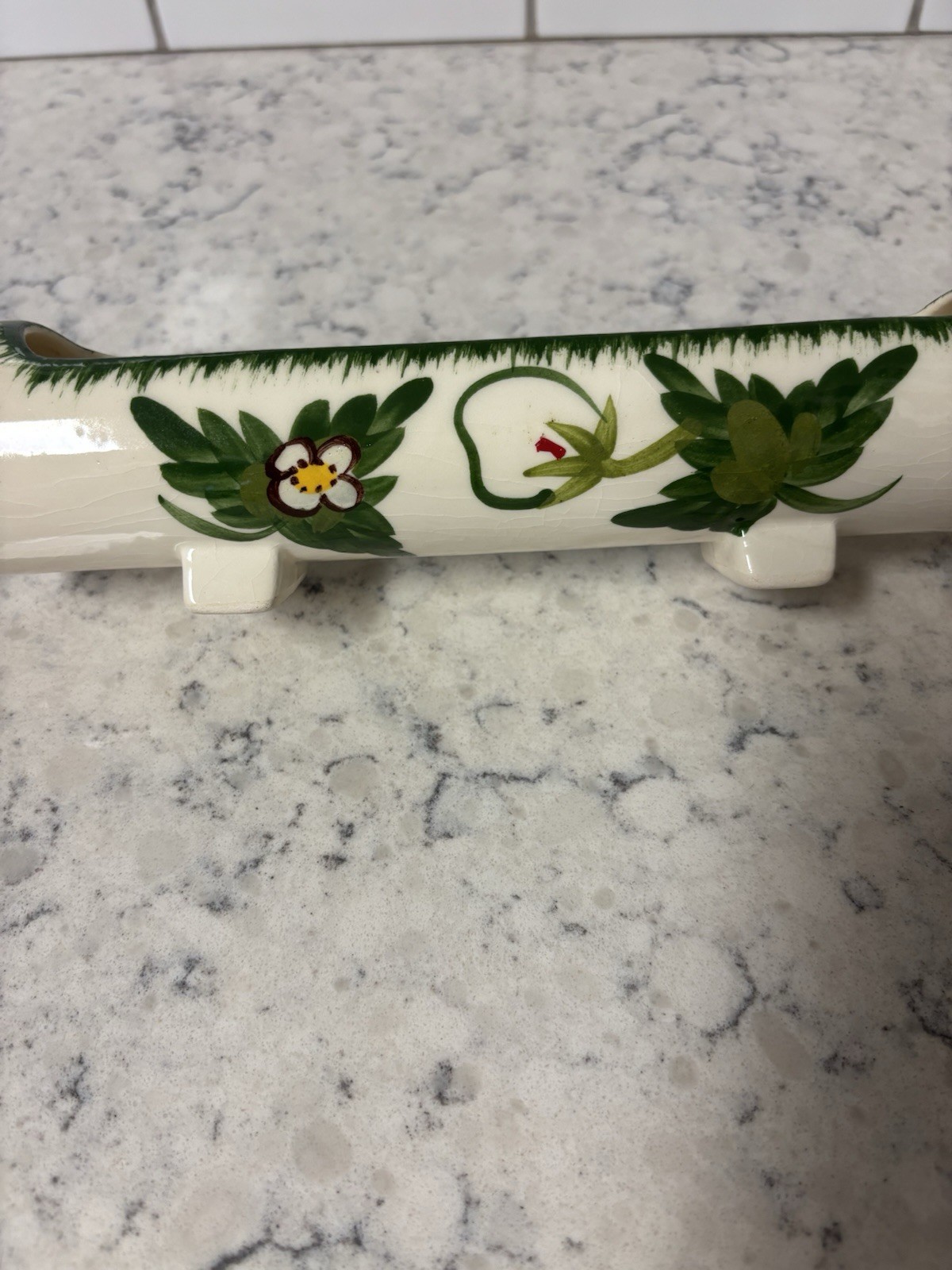 Hand-painted Blue Ridge Pottery Wild Strawberry platter and rolling pin planter.