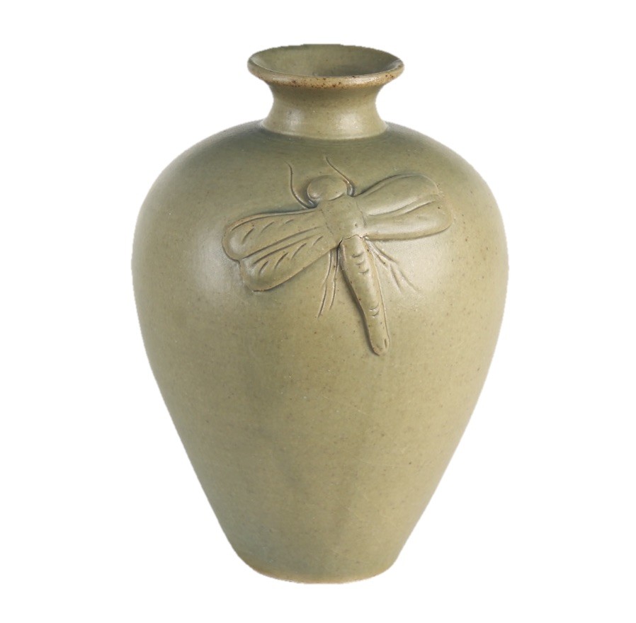 MCM / Arts and Crafts Style Art Nouveau Dragonfly Bud Vase Pottery Matte Green