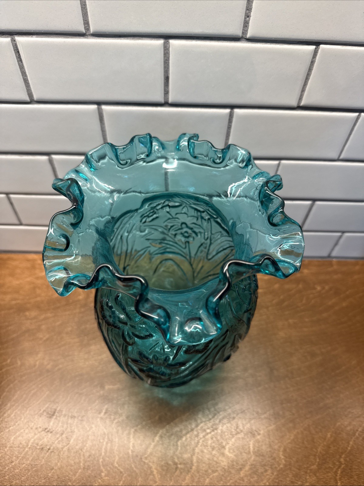 Fenton Art Glass Teal Daffodil Vase