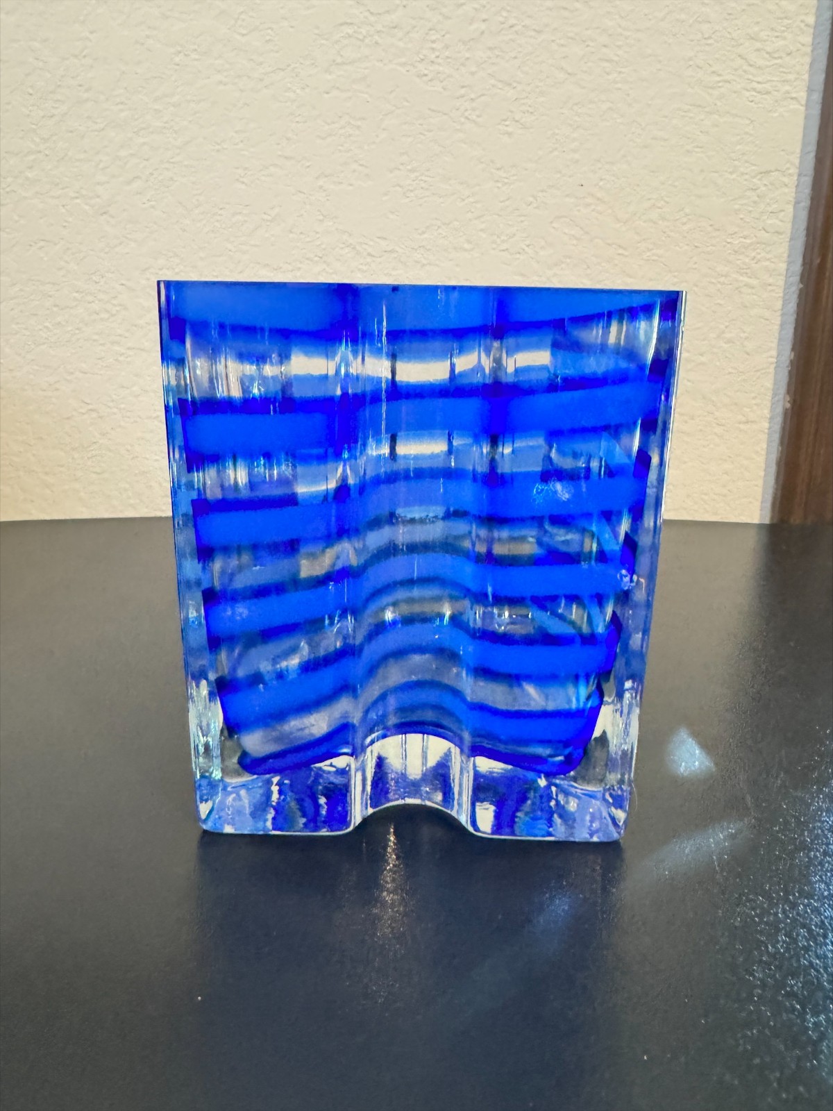 4.8lb Murano Style Cobalt Blue & Clear Art Glass Vase Thick Layered Modern Heavy