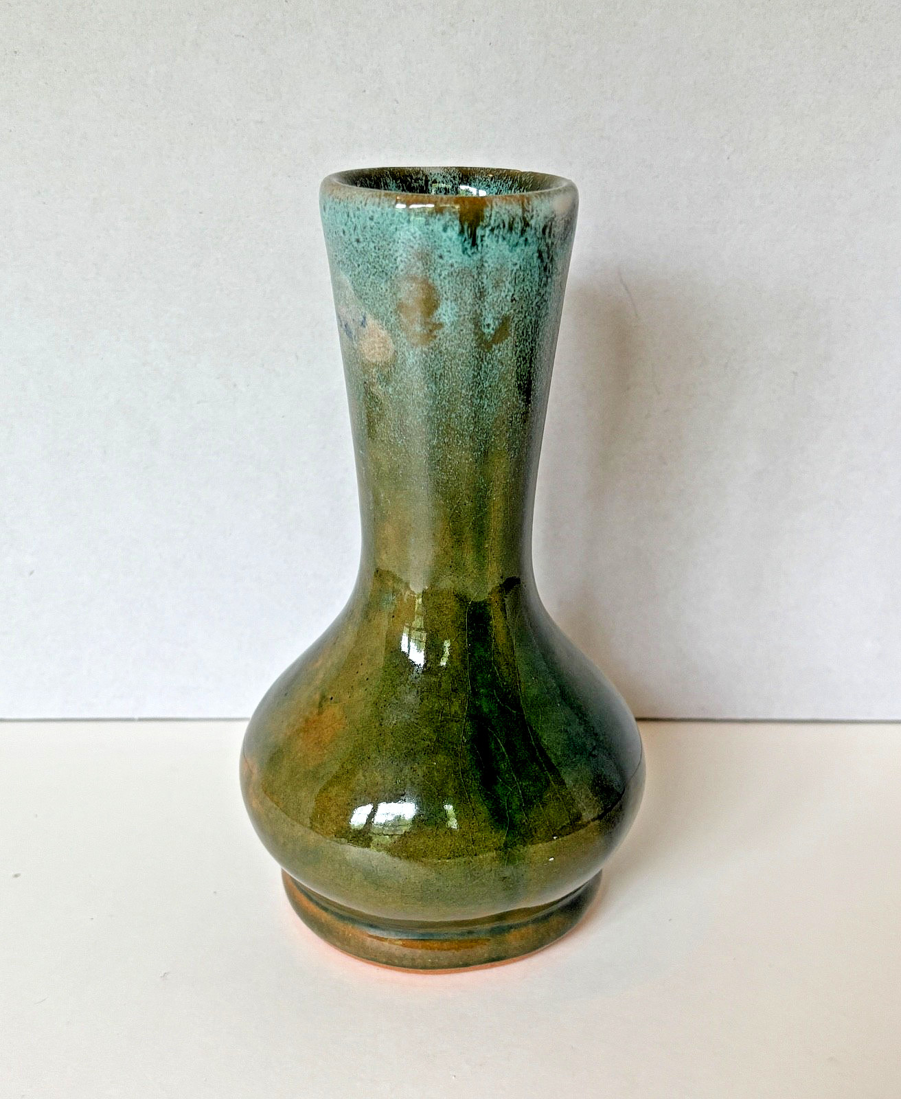 VTG Handmade Signed Redware Vase 7″H Green Blue Drip Glaze 1970’s Art Pottery