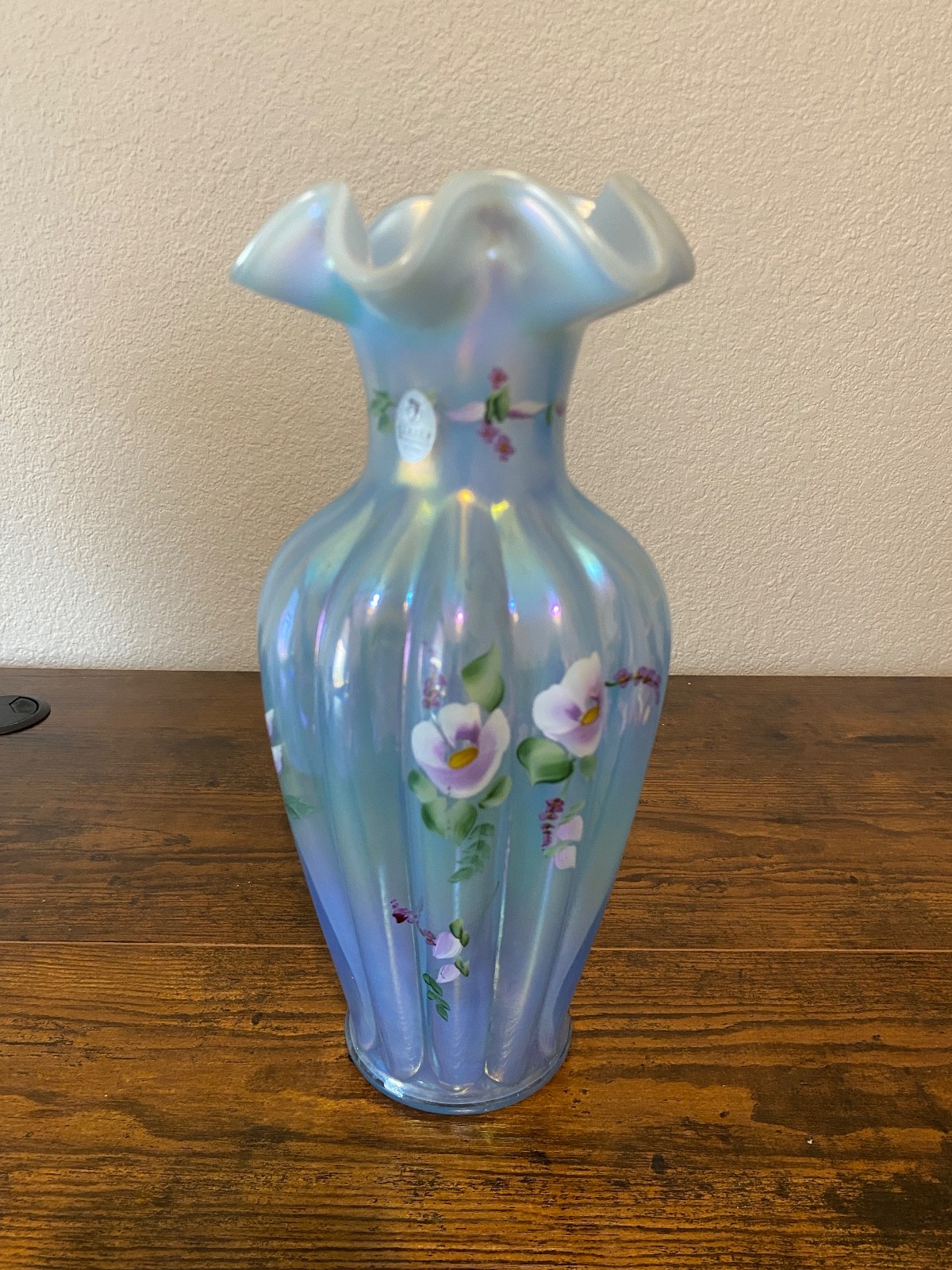 VTG FENTON FOR COYNE Sapphire Blue Opalescent Floral Melon Vase #851, 11 1/8″H