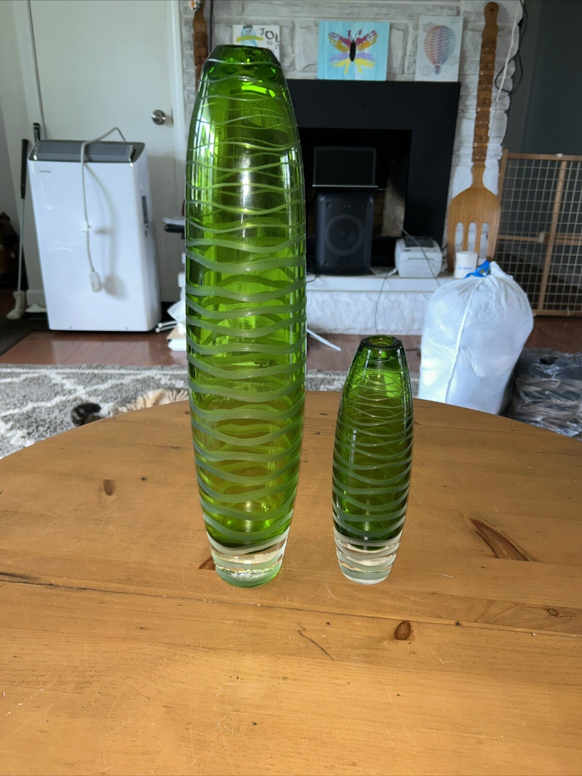 Vtg Pair Wave Etched Green Drone Vases-19 & 10”-9.9 Pounds-Very Heavy-Great Cond