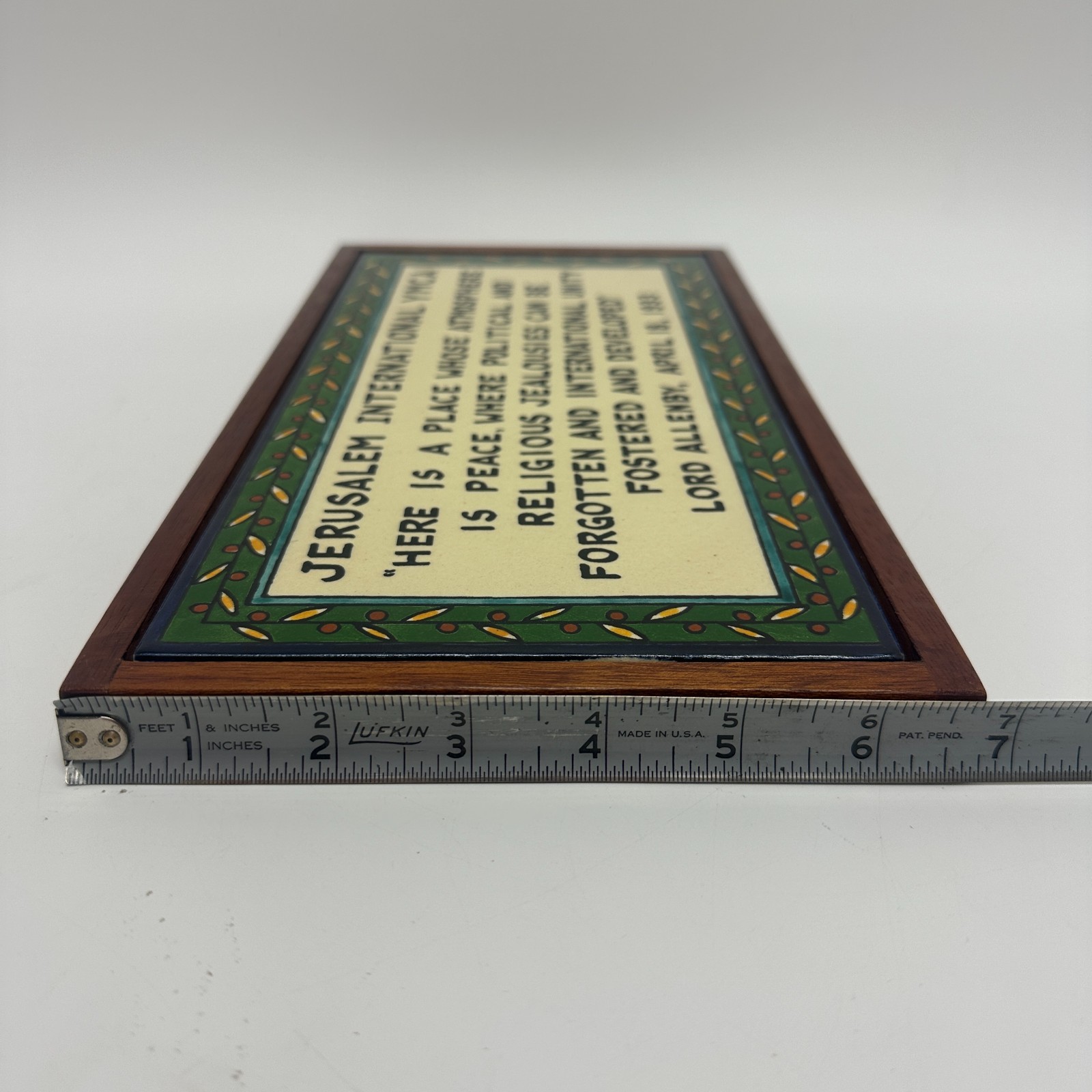 Vintage Jerusalem Pottery Tile Wall Plaque YMCA Peace Unity Quote Wood Frame