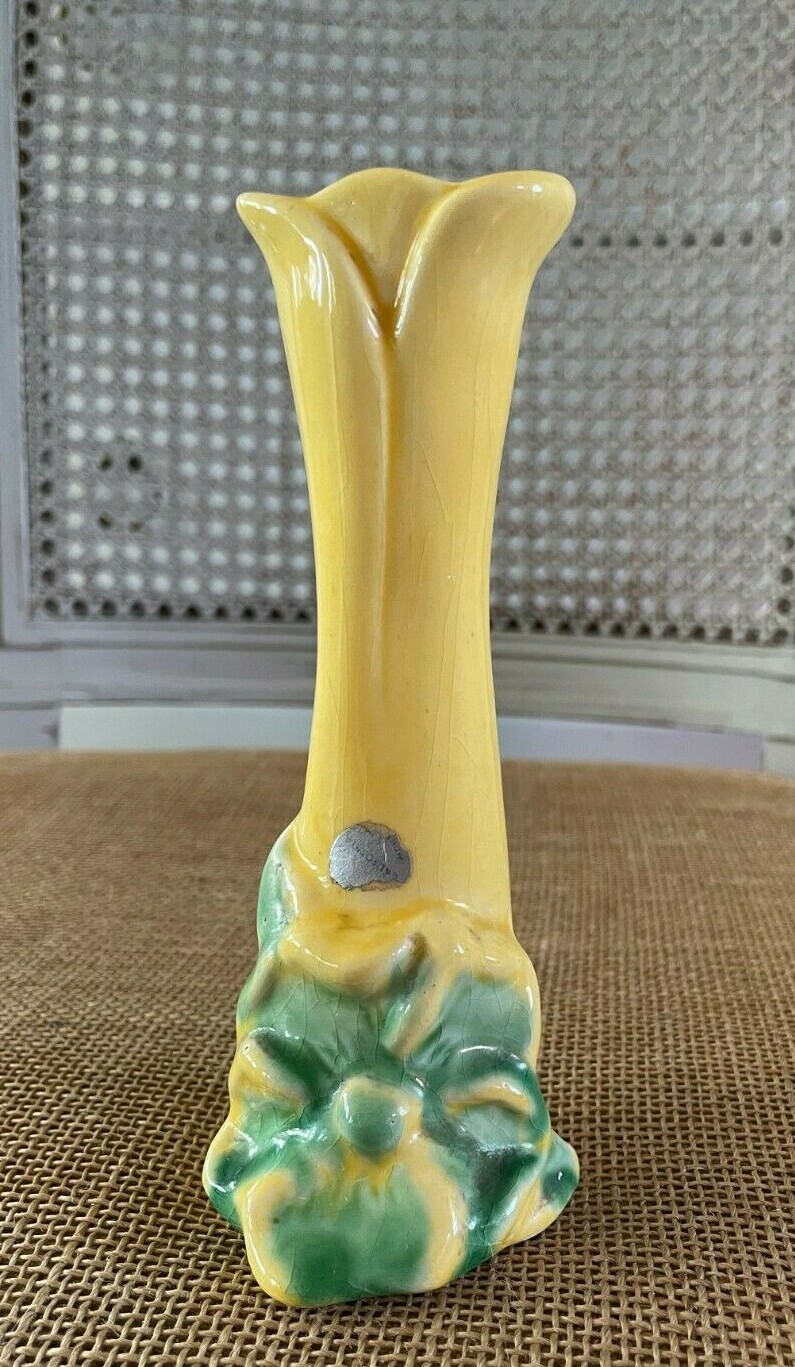 Vintage California Pottery Yellow and Green Flower Bud Vase 5 3/4″ Colorful
