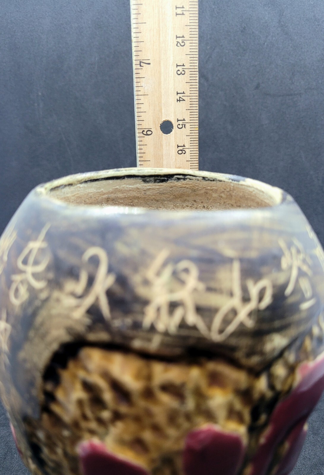 Vintage Japan Ceramic Vase Good Luck Fortune Red Sgraffito Artist Signed 5.5”